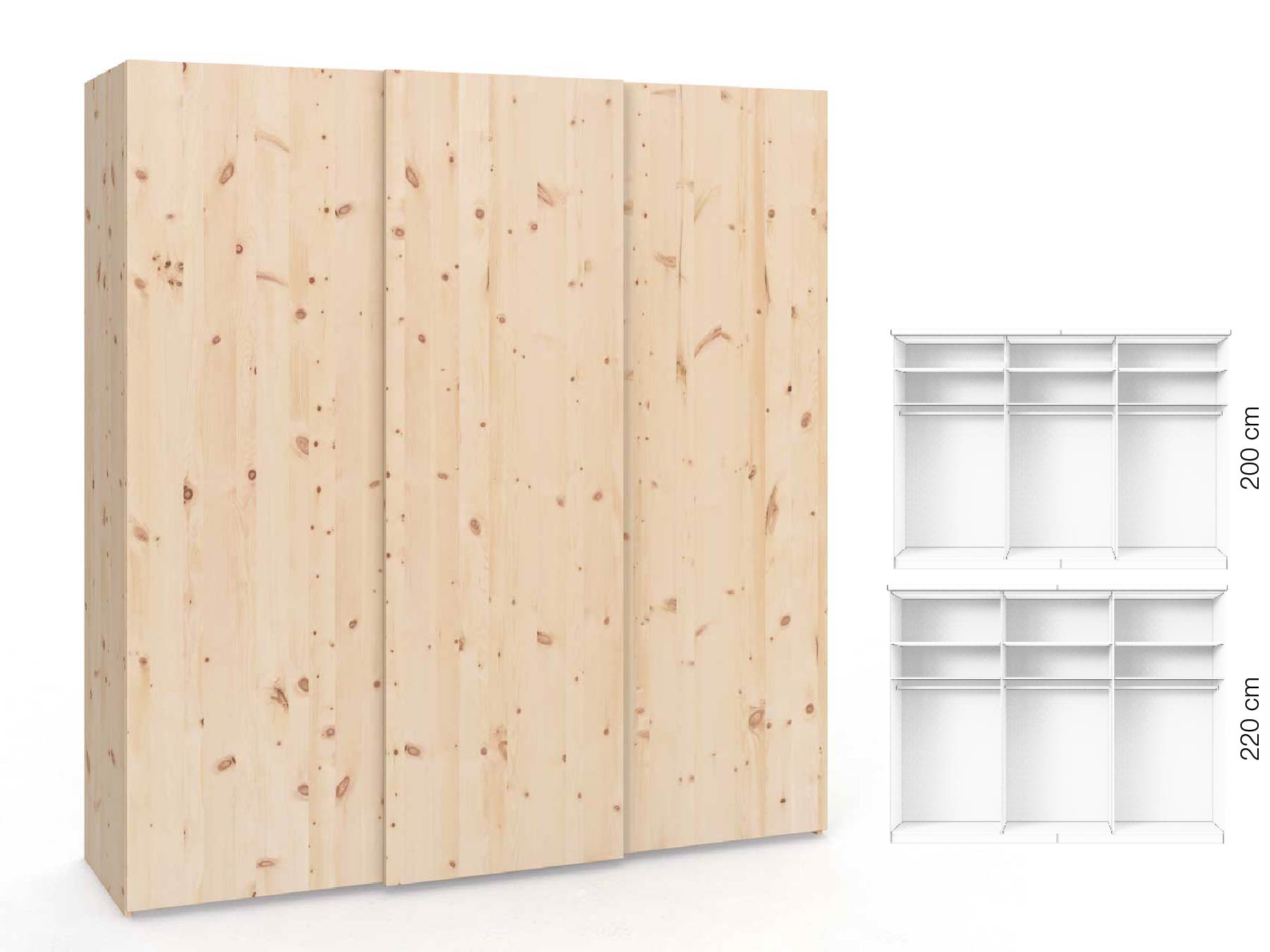 Zirbenschrank „Ludwig", 3-türig, Höhe 220 cm, Inneneinrichtung: A, Grifflos