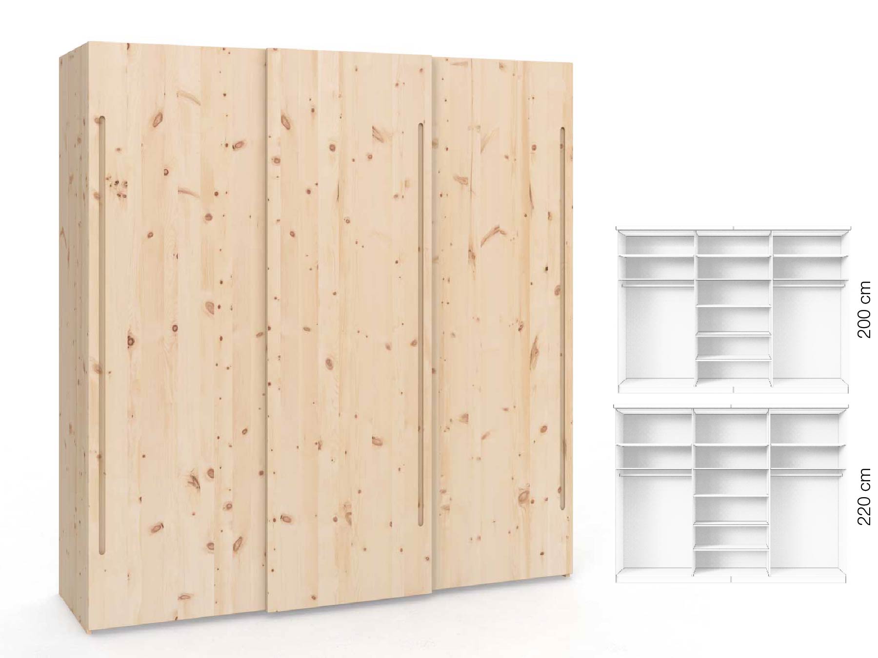 Zirbenschrank „Ludwig", 3-türig, Höhe 220 cm, Inneneinrichtung: B, Griff: C
