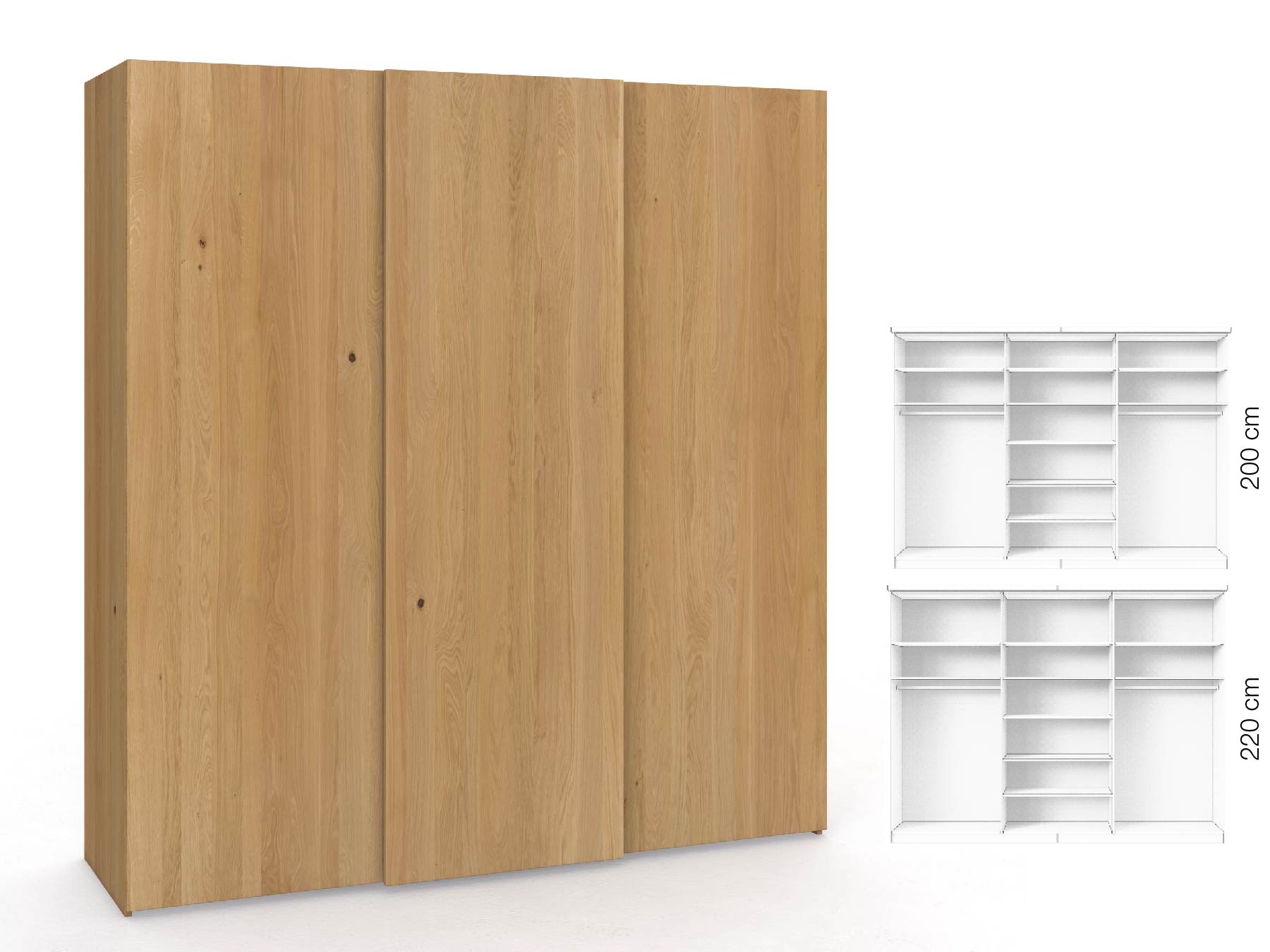 Eichenschrank Hell „Ludwig", 3-türig, Höhe 220 cm, Inneneinrichtung: B, Grifflos
