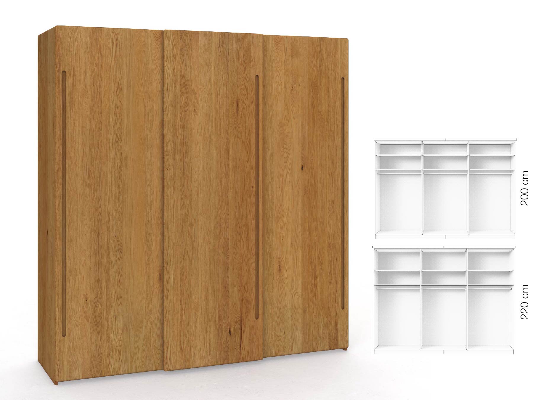 Eichenschrank „Viktor", 3-türig, Höhe 220 cm, Inneneinrichtung: A, Griff C