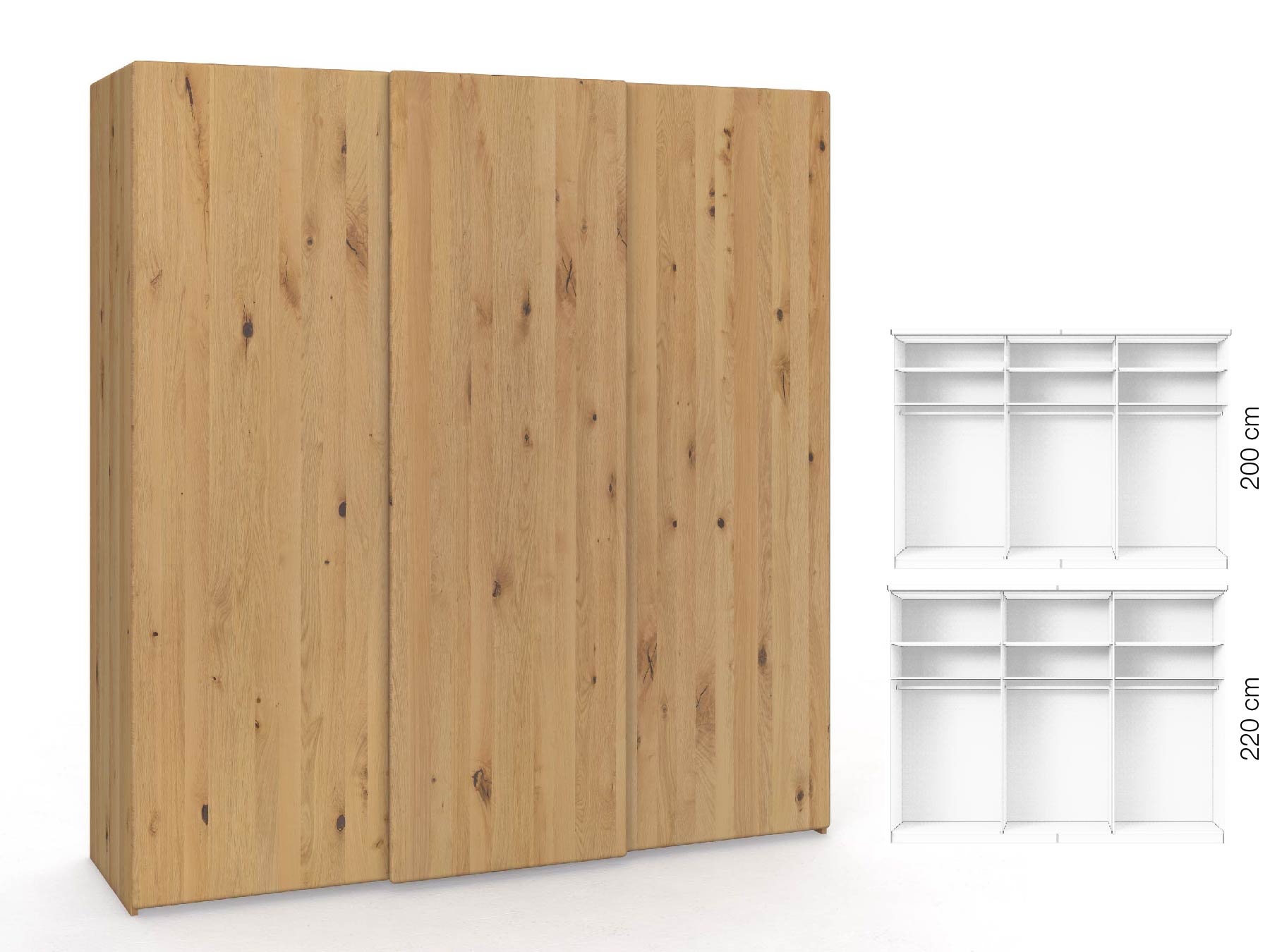 Wildeichenschrank Hell „Viktor", 3-türig, Höhe 220 cm, Inneneinrichtung: A, Grifflos