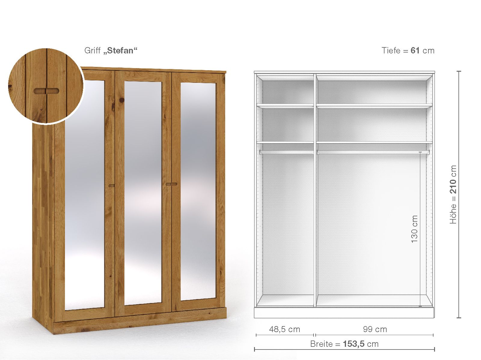 Schrank „Alpenrose“ aus Wildeiche, 3-türig, Höhe 210 cm, Griffausführung „Stefan“, Inneneinrichtung A