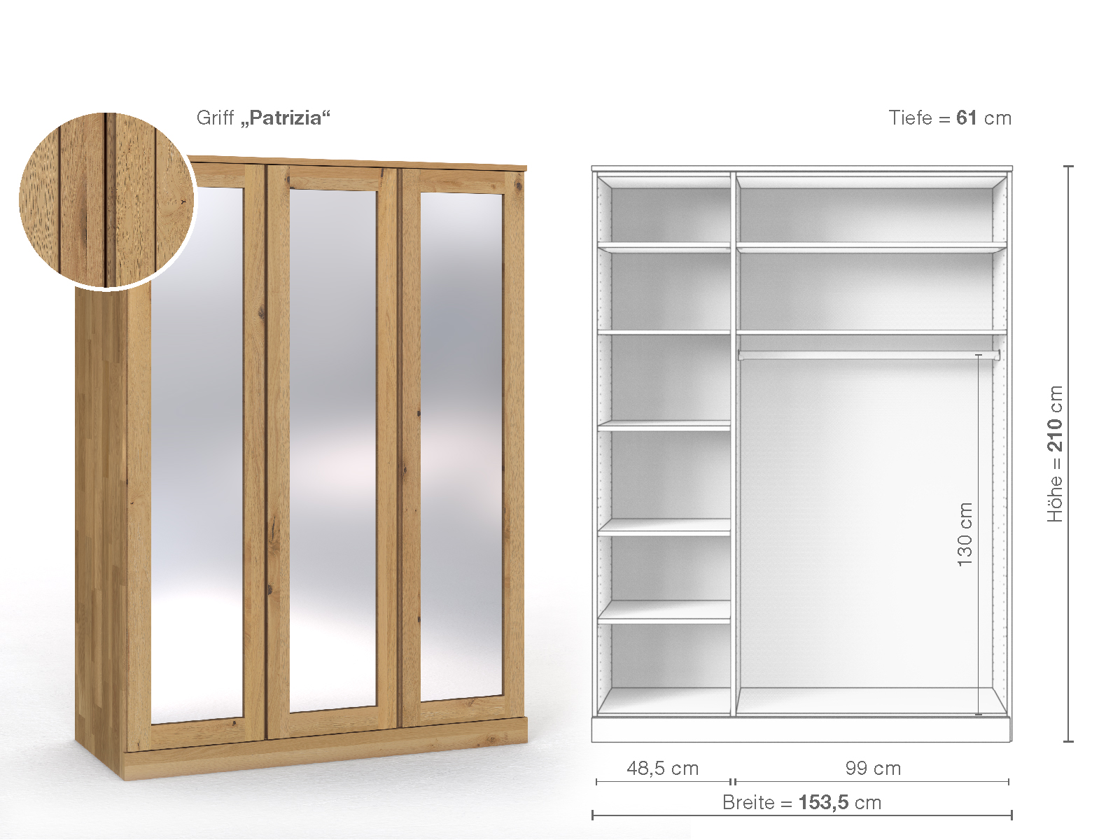 Schrank „Alpenrose“ aus Wildeiche Hell, 3-türig, Höhe 210 cm, Griffausführung „Patrizia“, Inneneinrichtung B