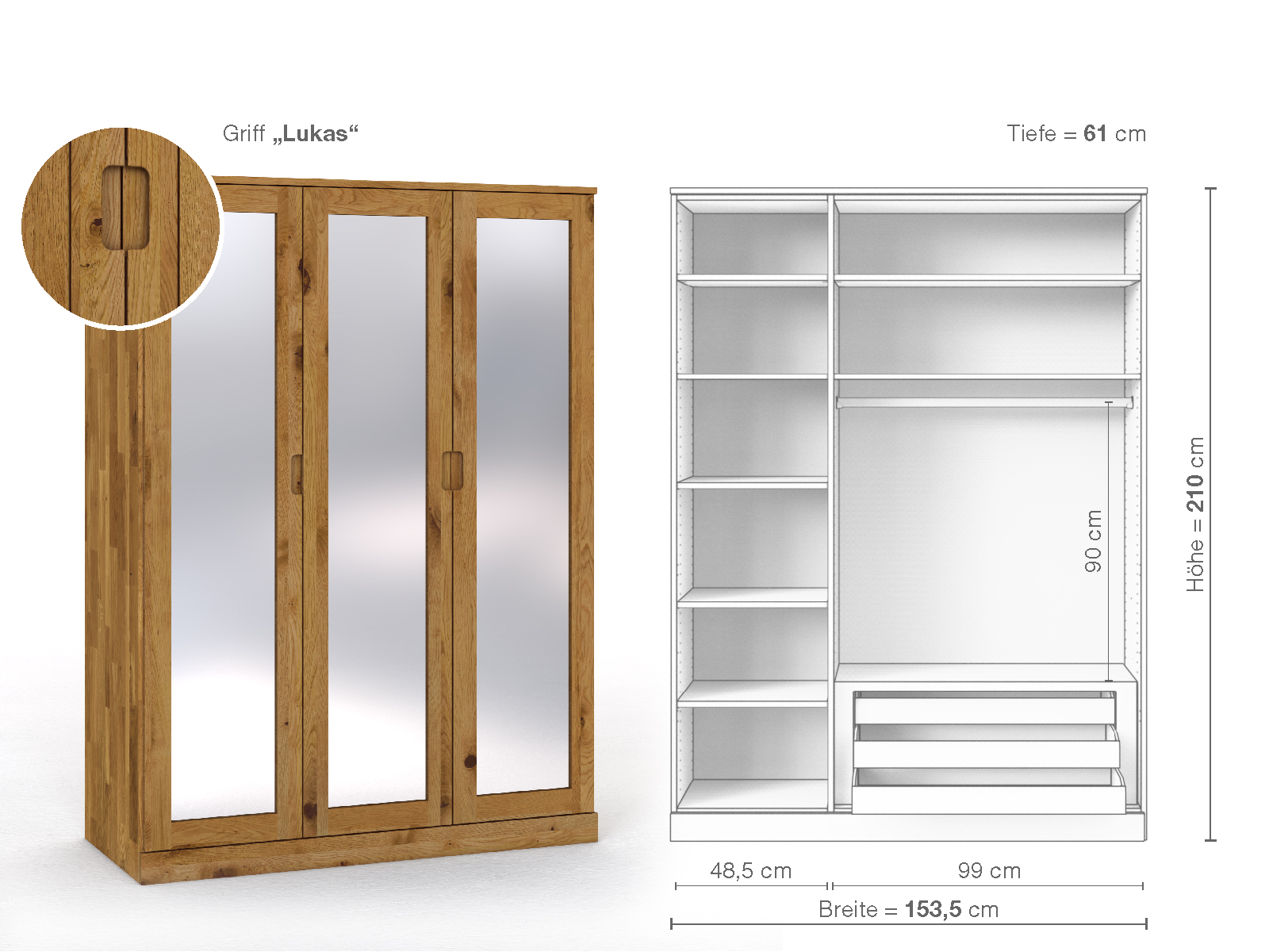 Schrank „Alpenrose“ aus Wildeiche, 3-türig, Höhe 210 cm, Griffausführung „Lukas“, Inneneinrichtung C