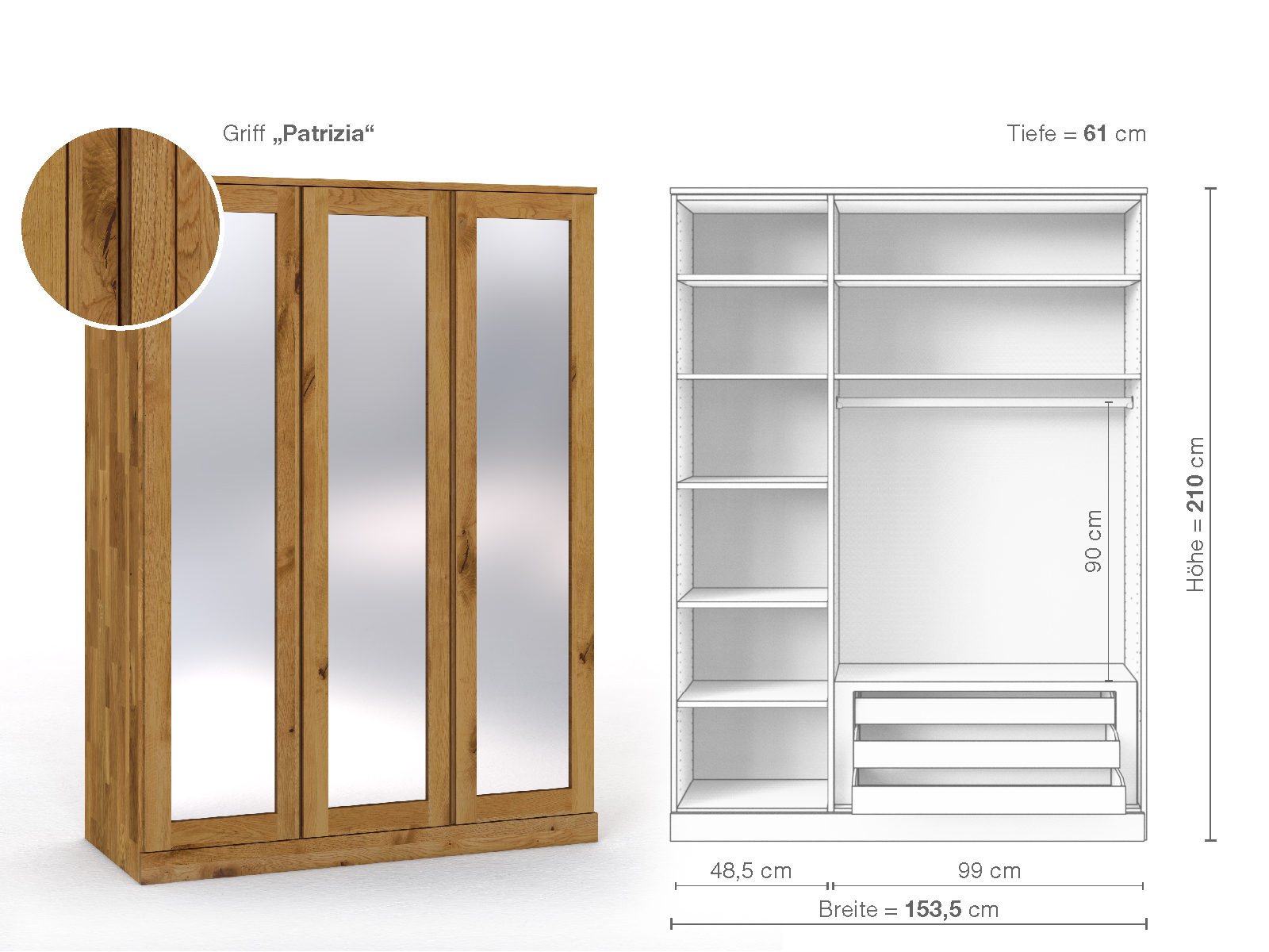 Schrank „Alpenrose“ aus Wildeiche, 3-türig, Höhe 210 cm, Griffausführung „Patrizia“, Inneneinrichtung C