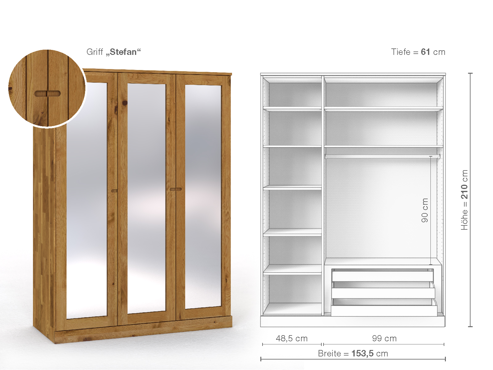 Schrank „Alpenrose“ aus Wildeiche, 3-türig, Höhe 210 cm, Griffausführung „Stefan“, Inneneinrichtung C