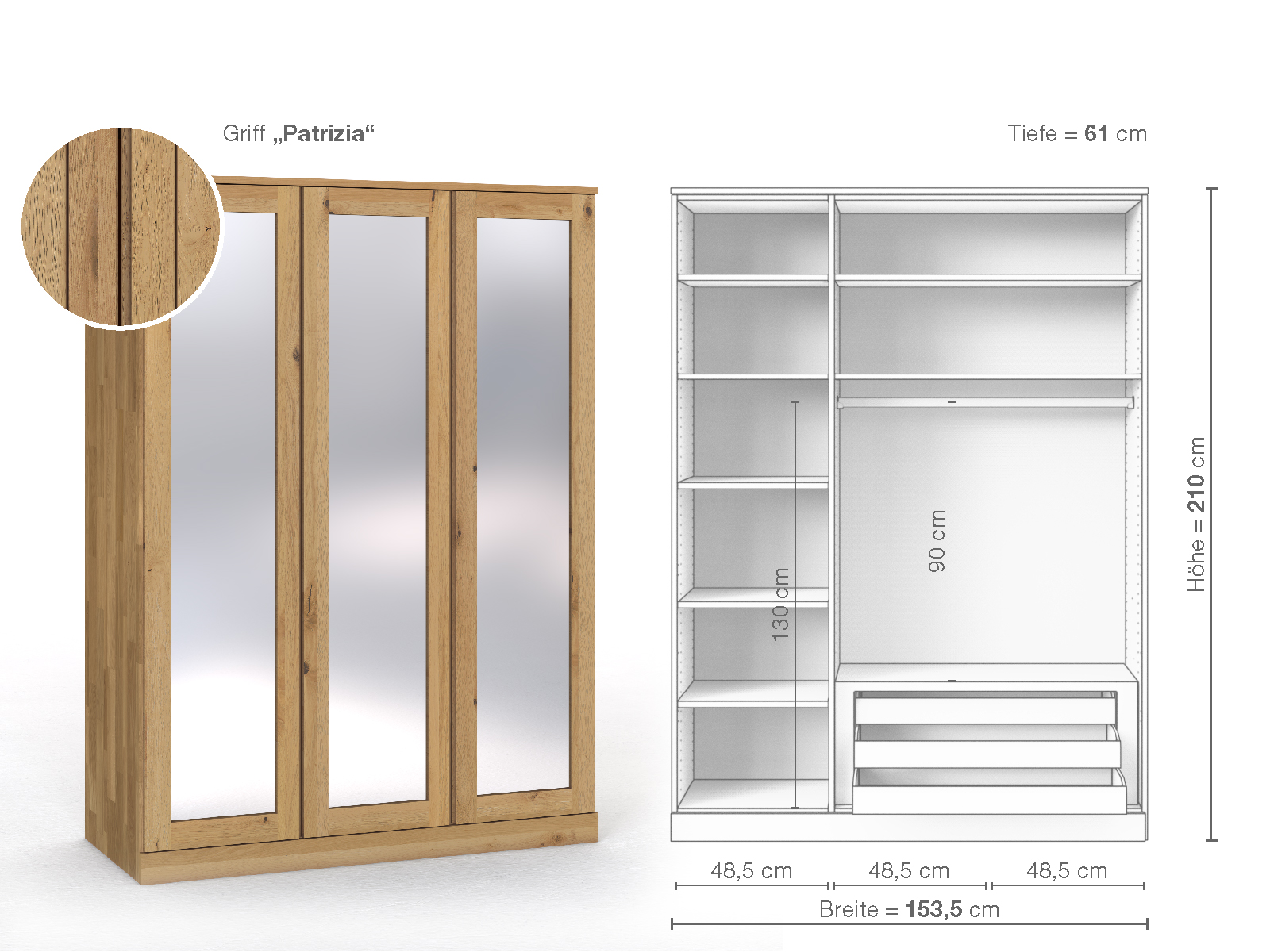 Schrank „Alpenrose“ aus Wildeiche Hell, 3-türig, Höhe 210 cm, Griffausführung „Patrizia“, Inneneinrichtung D