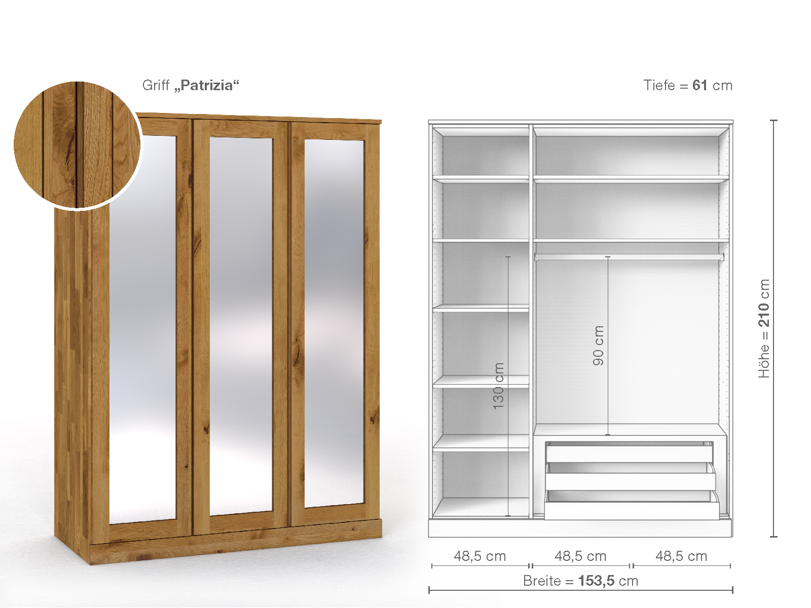 Schrank „Alpenrose“ aus Wildeiche, 3-türig, Höhe 210 cm, Griffausführung „Patrizia“, Inneneinrichtung D