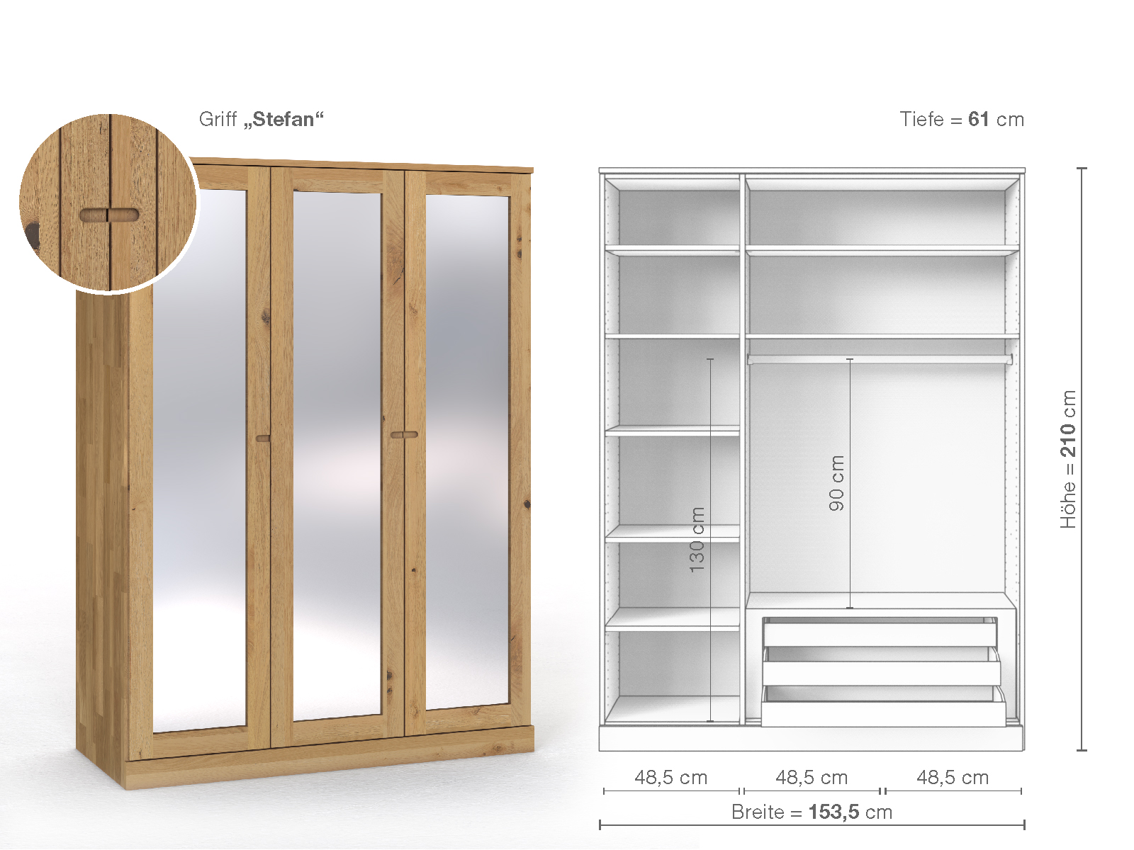 Schrank „Alpenrose“ aus Wildeiche Hell, 3-türig, Höhe 210 cm, Griffausführung „Stefan“, Inneneinrichtung D