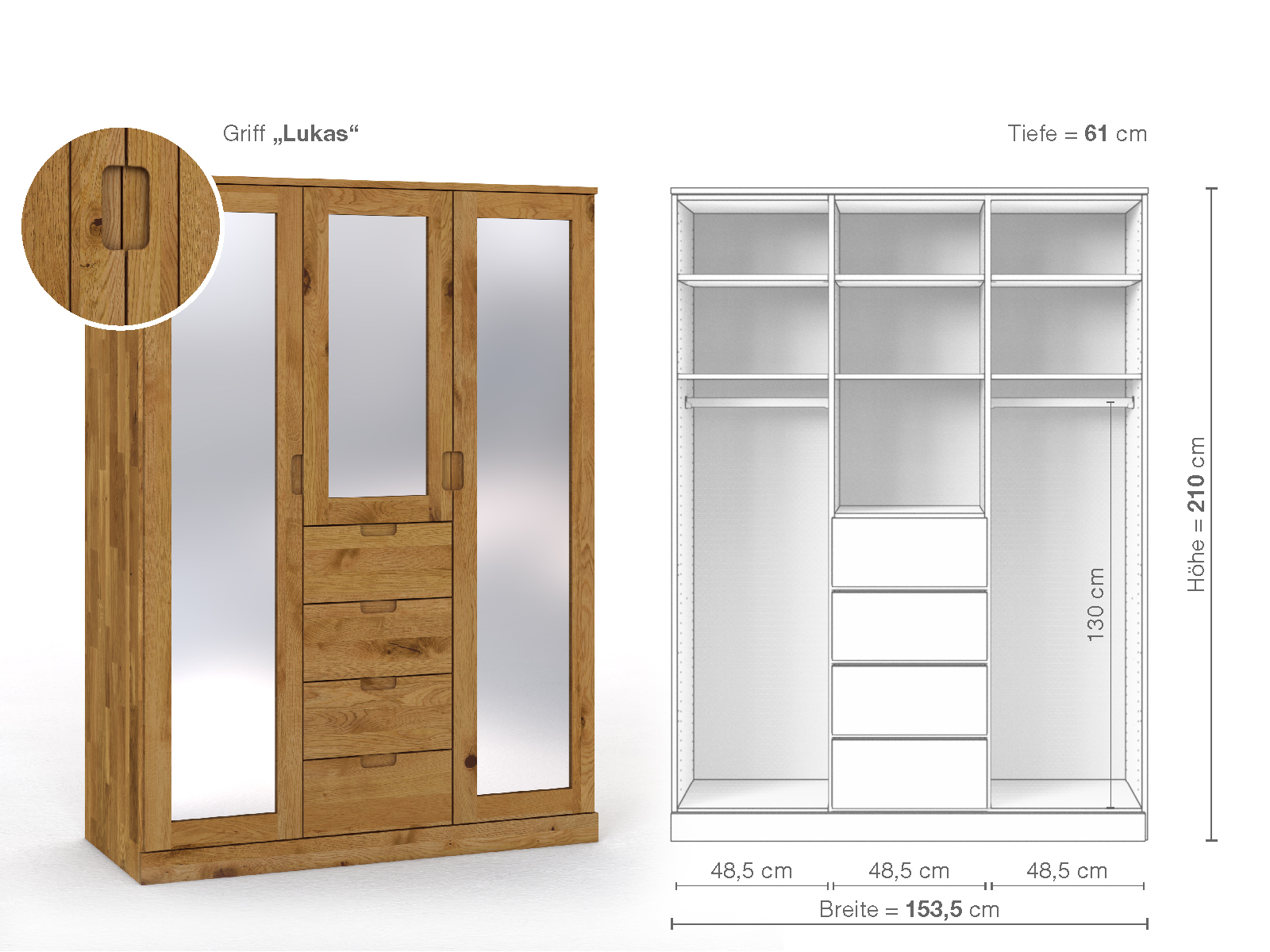 Schrank „Alpenrose“ aus Wildeiche, 3-türig, Höhe 210 cm, Griffausführung „Lukas“, Inneneinrichtung E