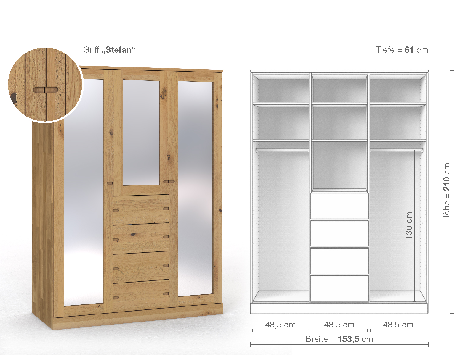 Schrank „Alpenrose“ aus Wildeiche Hell, 3-türig, Höhe 210 cm, Griffausführung „Stefan“, Inneneinrichtung E