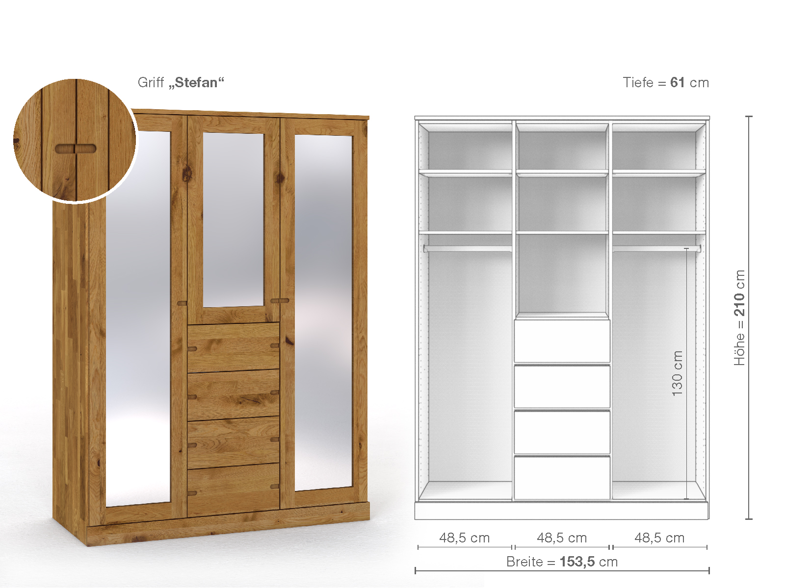 Schrank „Alpenrose“ aus Wildeiche, 3-türig, Höhe 210 cm, Griffausführung „Stefan“, Inneneinrichtung E