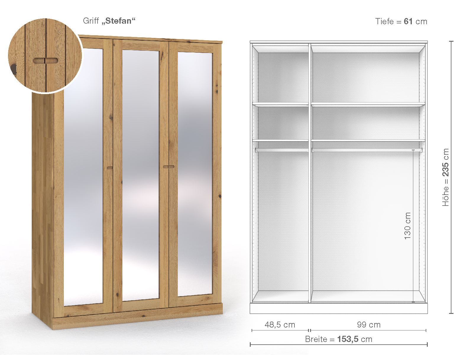 Schrank „Alpenrose“ aus Wildeiche Hell, 3-türig, Höhe 235 cm, Griffausführung „Stefan“, Inneneinrichtung A