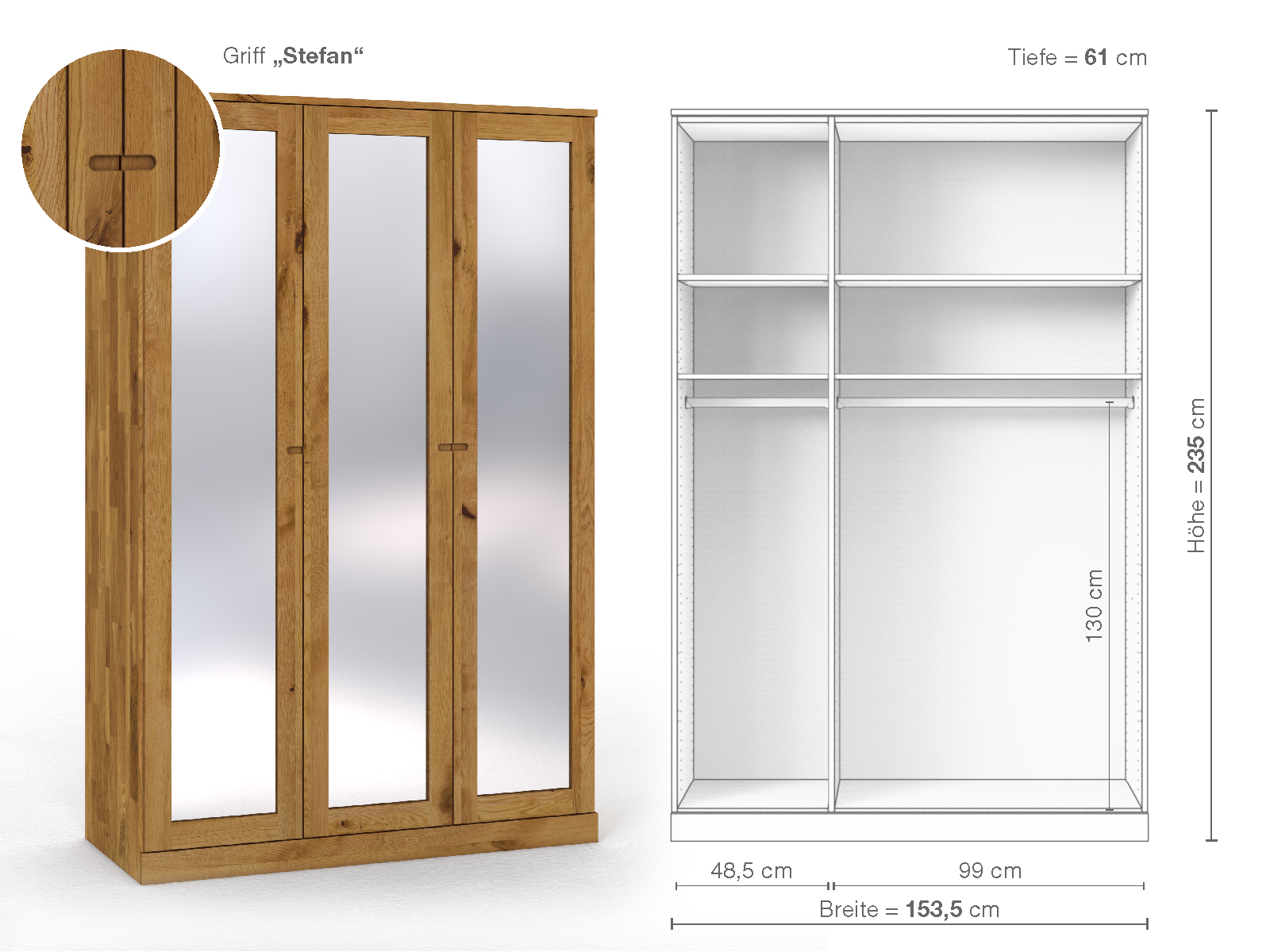 Schrank „Alpenrose“ aus Wildeiche, 3-türig, Höhe 235 cm, Griffausführung „Stefan“, Inneneinrichtung A