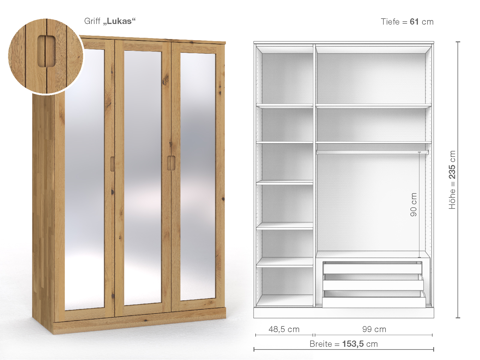 Schrank „Alpenrose“ aus Wildeiche Hell, 3-türig, Höhe 235 cm, Griffausführung „Lukas“, Inneneinrichtung C