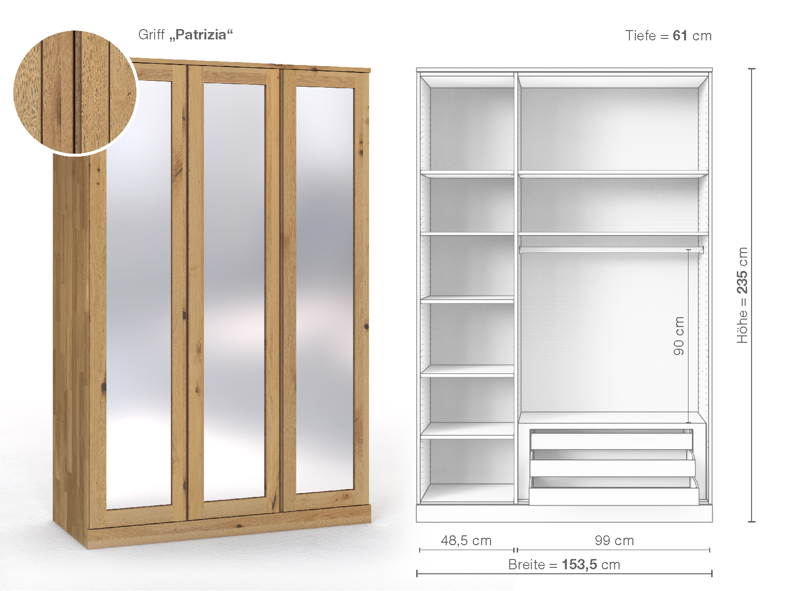 Schrank „Alpenrose“ aus Wildeiche Hell, 3-türig, Höhe 235 cm, Griffausführung „Patrizia“, Inneneinrichtung C