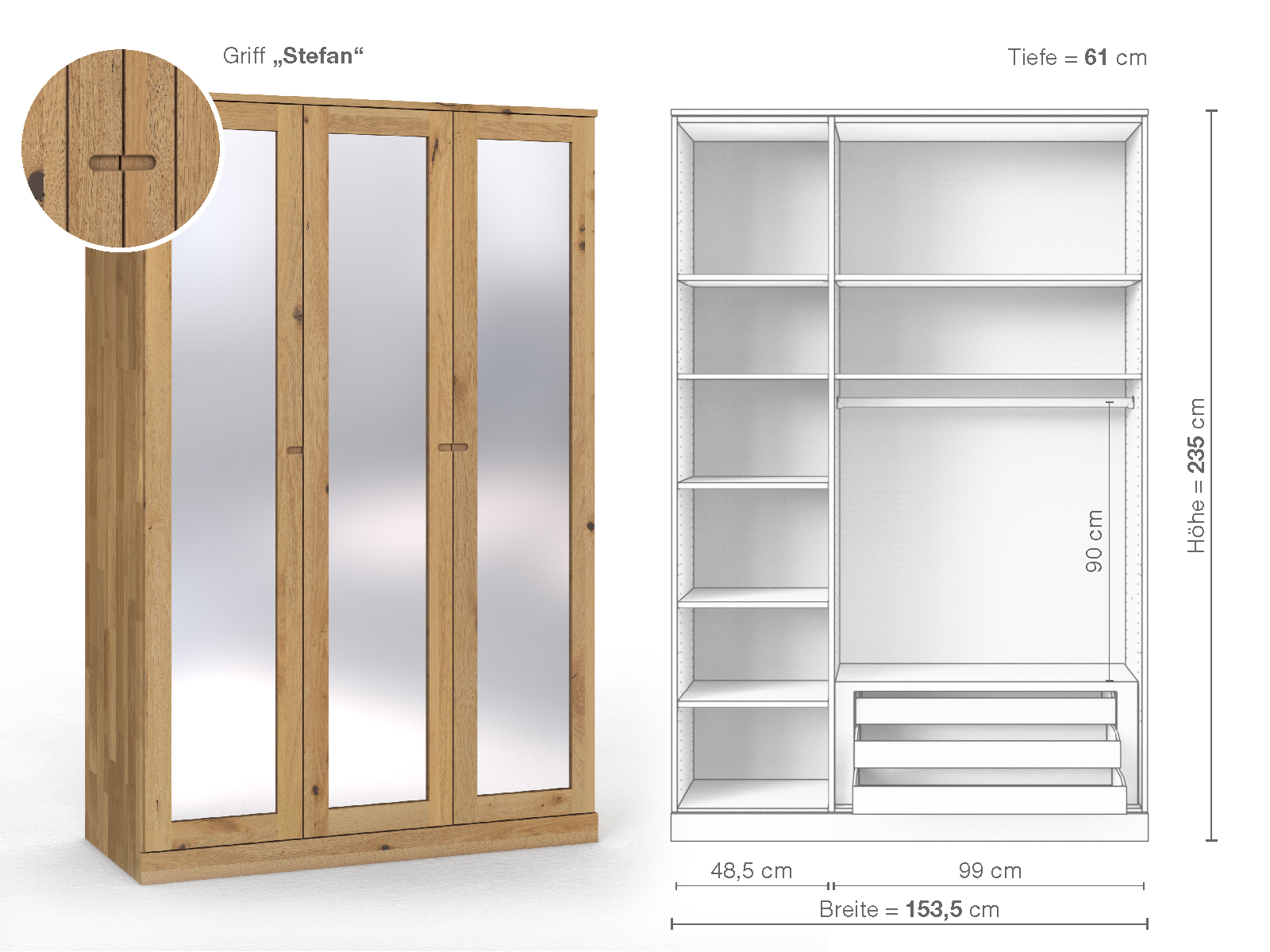 Schrank „Alpenrose“ aus Wildeiche Hell, 3-türig, Höhe 235 cm, Griffausführung „Stefan“, Inneneinrichtung C