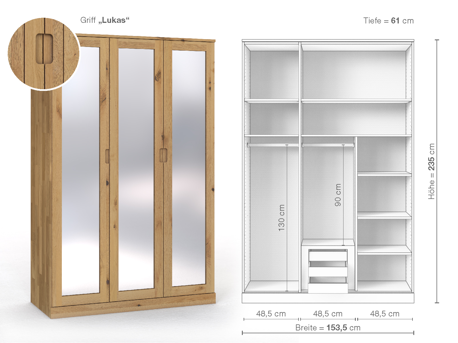 Schrank „Alpenrose“ aus Wildeiche Hell, 3-türig, Höhe 235 cm, Griffausführung „Lukas“, Inneneinrichtung D