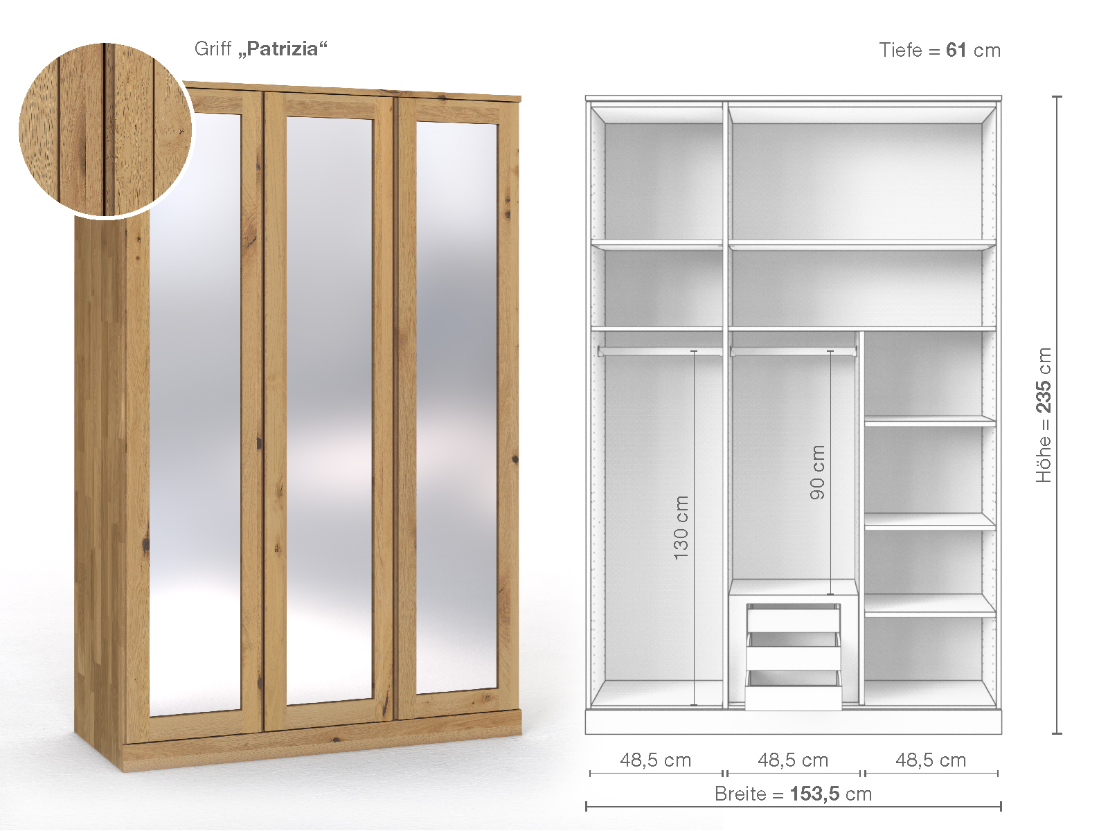 Schrank „Alpenrose“ aus Wildeiche Hell, 3-türig, Höhe 235 cm, Griffausführung „Patrizia“, Inneneinrichtung D