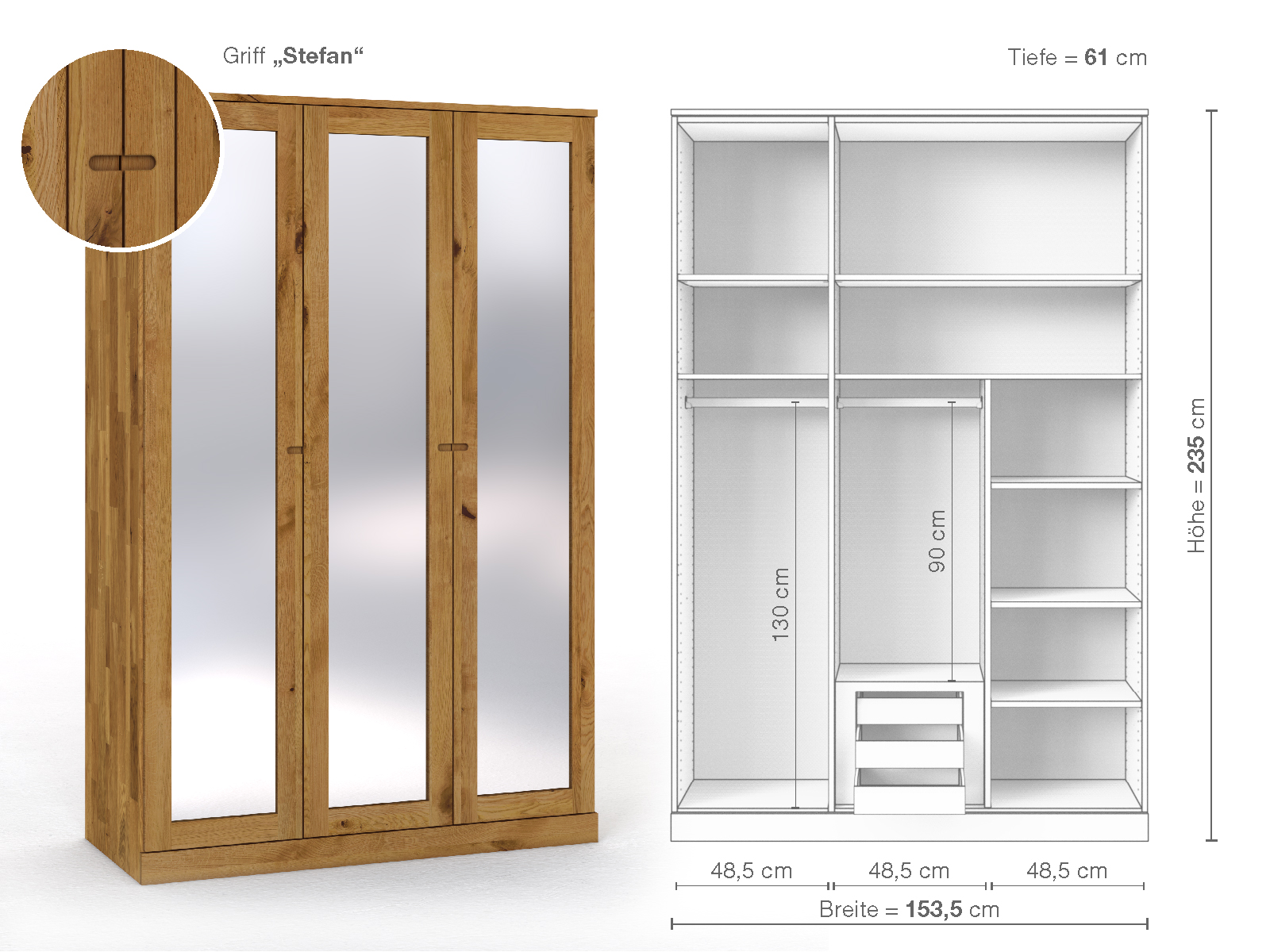 Schrank „Alpenrose“ aus Wildeiche, 3-türig, Höhe 235 cm, Griffausführung „Stefan“, Inneneinrichtung D