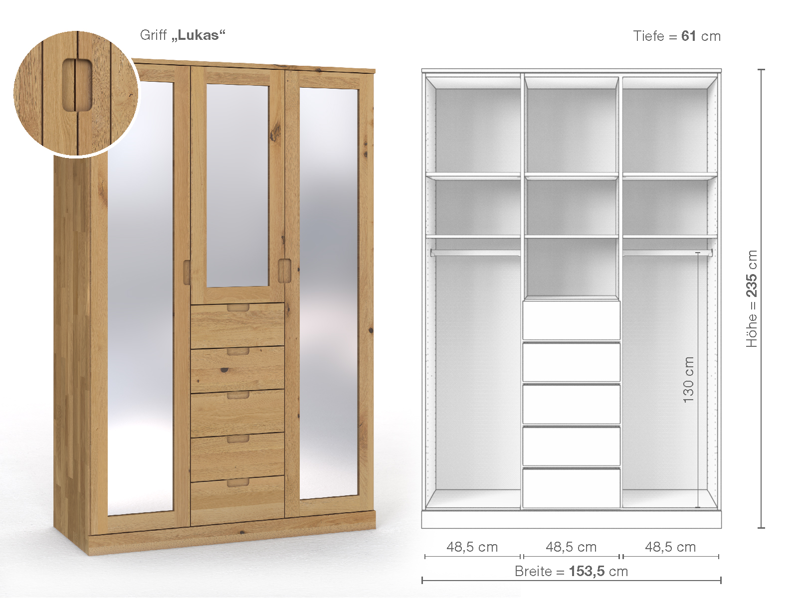 Schrank „Alpenrose“ aus Wildeiche Hell, 3-türig, Höhe 235 cm, Griffausführung „Lukas“, Inneneinrichtung E