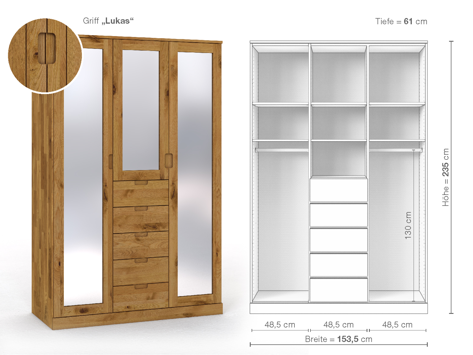 Schrank „Alpenrose“ aus Wildeiche, 3-türig, Höhe 235 cm, Griffausführung „Lukas“, Inneneinrichtung E