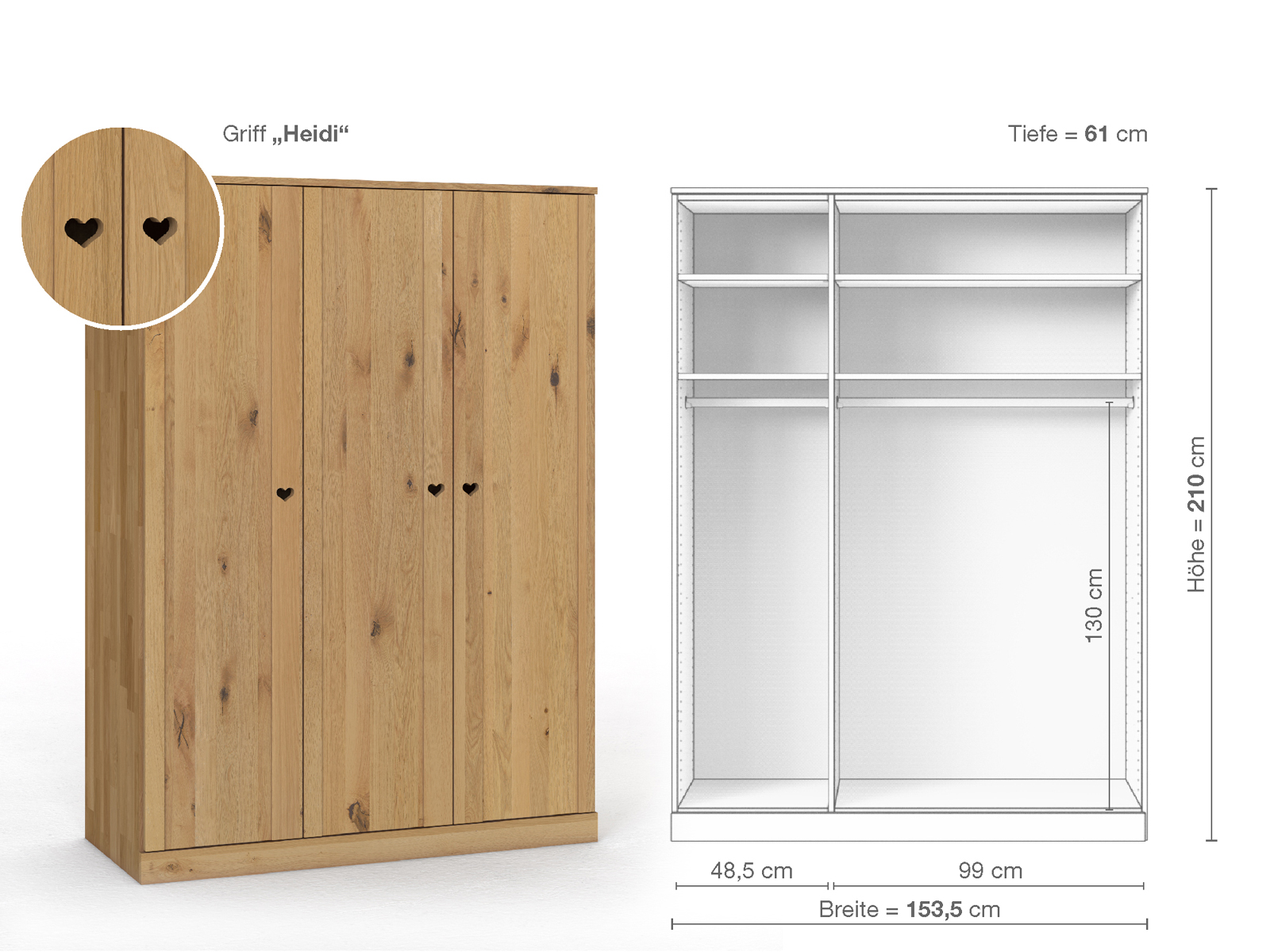 Wildeichenschrank Hell „Arnika“, 3-türig, Höhe 210 cm, Griffausführung „Heidi“, Inneneinrichtung A