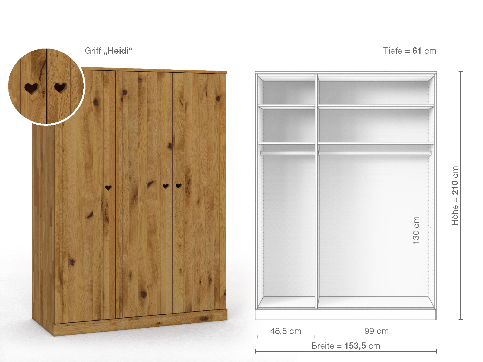 Wildeichenschrank „Arnika“, 3-türig, Höhe 210 cm, Griffausführung „Heidi“, Inneneinrichtung A