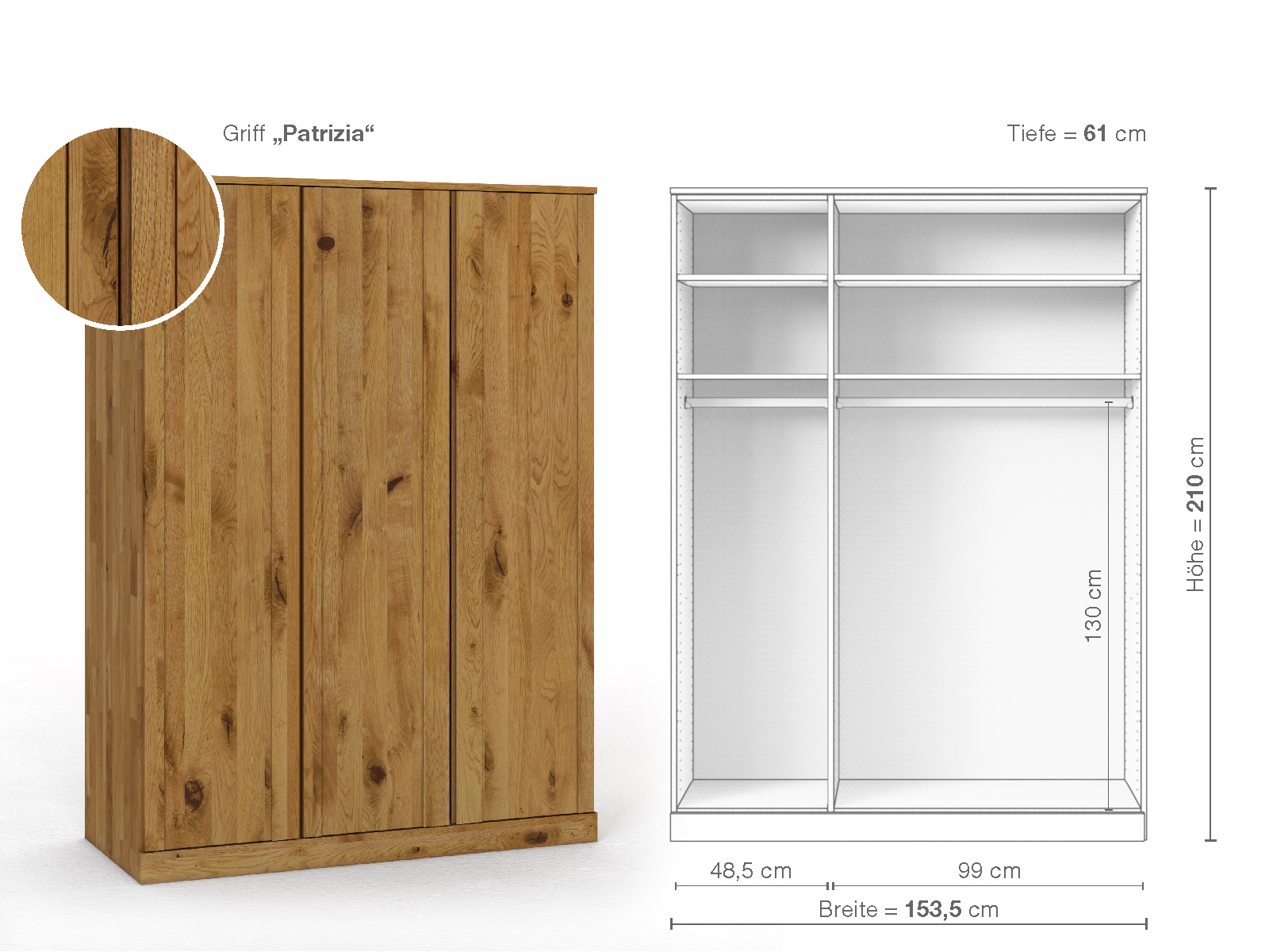 Wildeichenschrank „Arnika“, 3-türig, Höhe 210 cm, Griffausführung „Patrizia“, Inneneinrichtung A