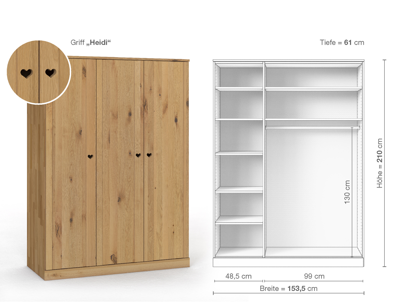 Wildeichenschrank Hell „Arnika“, 3-türig, Höhe 210 cm, Griffausführung „Heidi“, Inneneinrichtung B