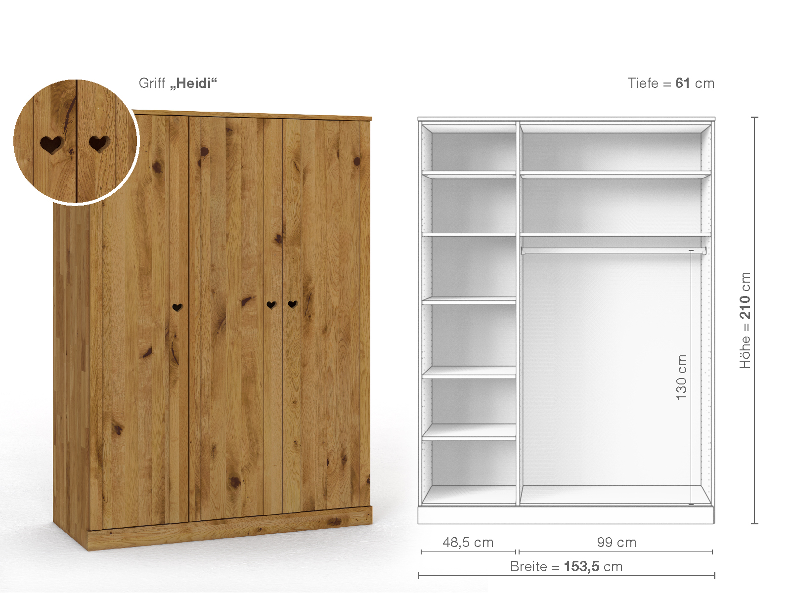 Wildeichenschrank „Arnika“, 3-türig, Höhe 210 cm, Griffausführung „Heidi“, Inneneinrichtung B