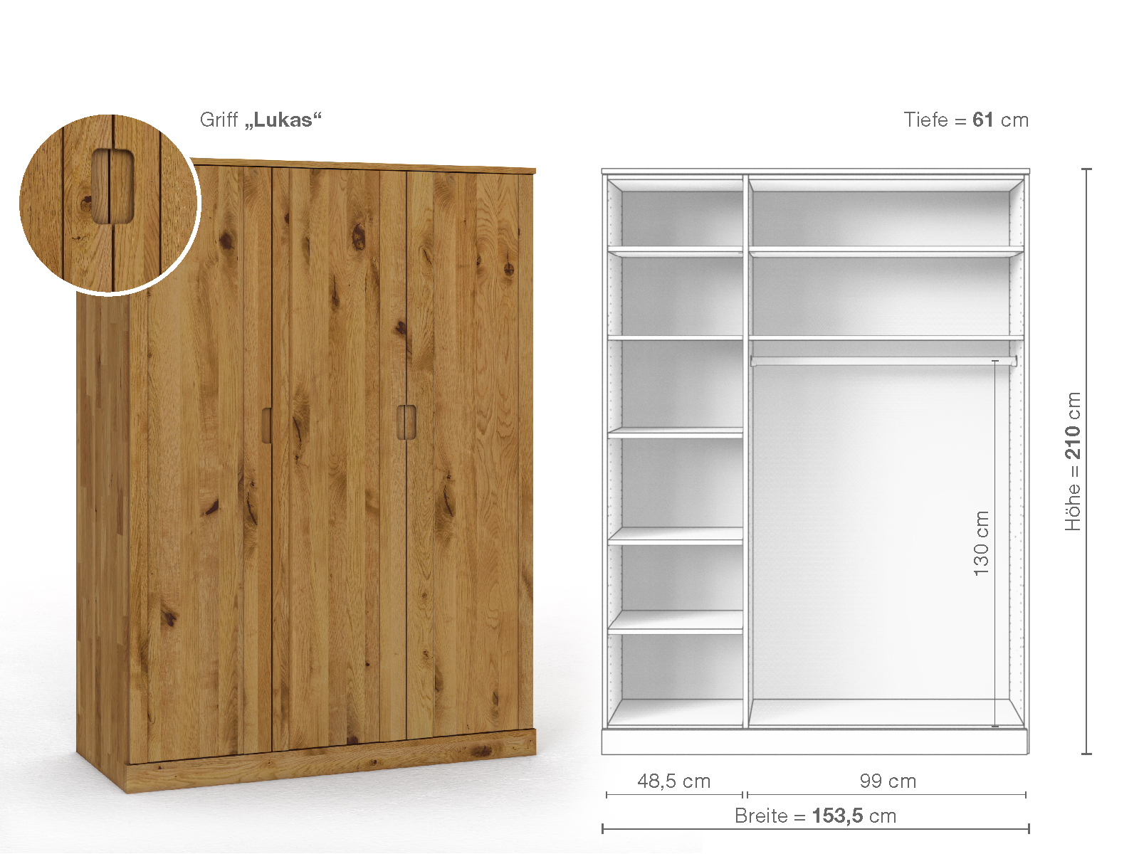 Wildeichenschrank „Arnika“, 3-türig, Höhe 210 cm, Griffausführung „Lukas“, Inneneinrichtung B