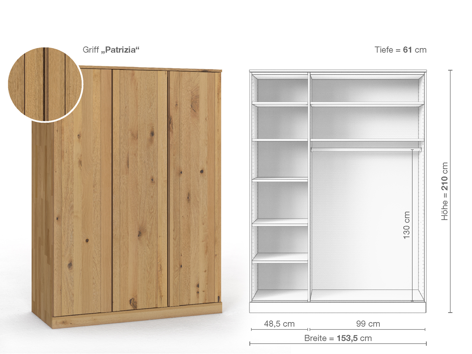 Wildeichenschrank Hell „Arnika“, 3-türig, Höhe 210 cm, Griffausführung „Patrizia“, Inneneinrichtung B