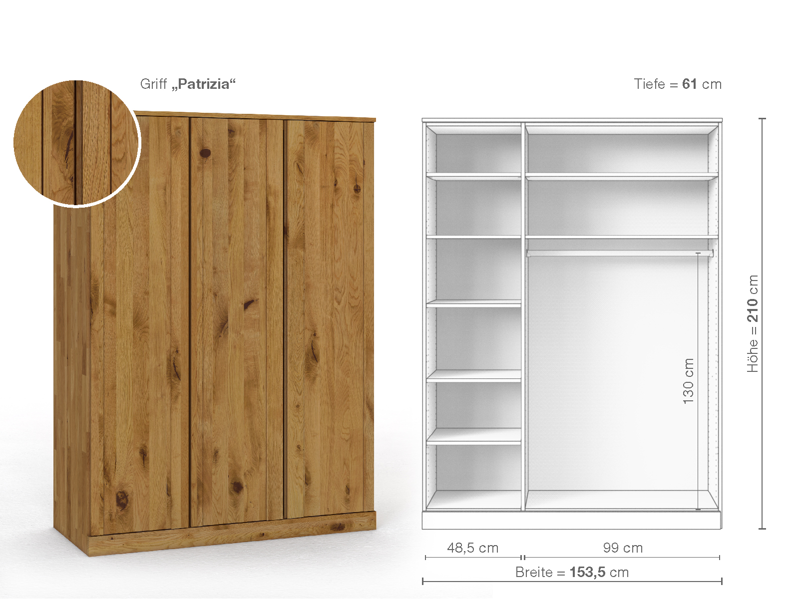 Wildeichenschrank „Arnika“, 3-türig, Höhe 210 cm, Griffausführung „Patrizia“, Inneneinrichtung B