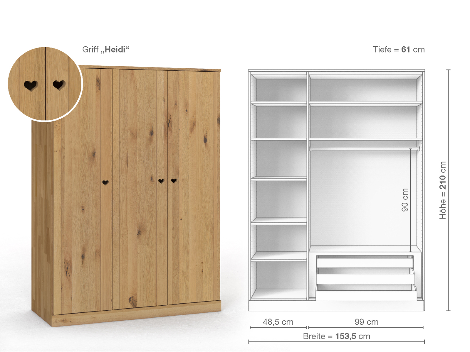 Wildeichenschrank Hell „Arnika“, 3-türig, Höhe 210 cm, Griffausführung „Heidi“, Inneneinrichtung C