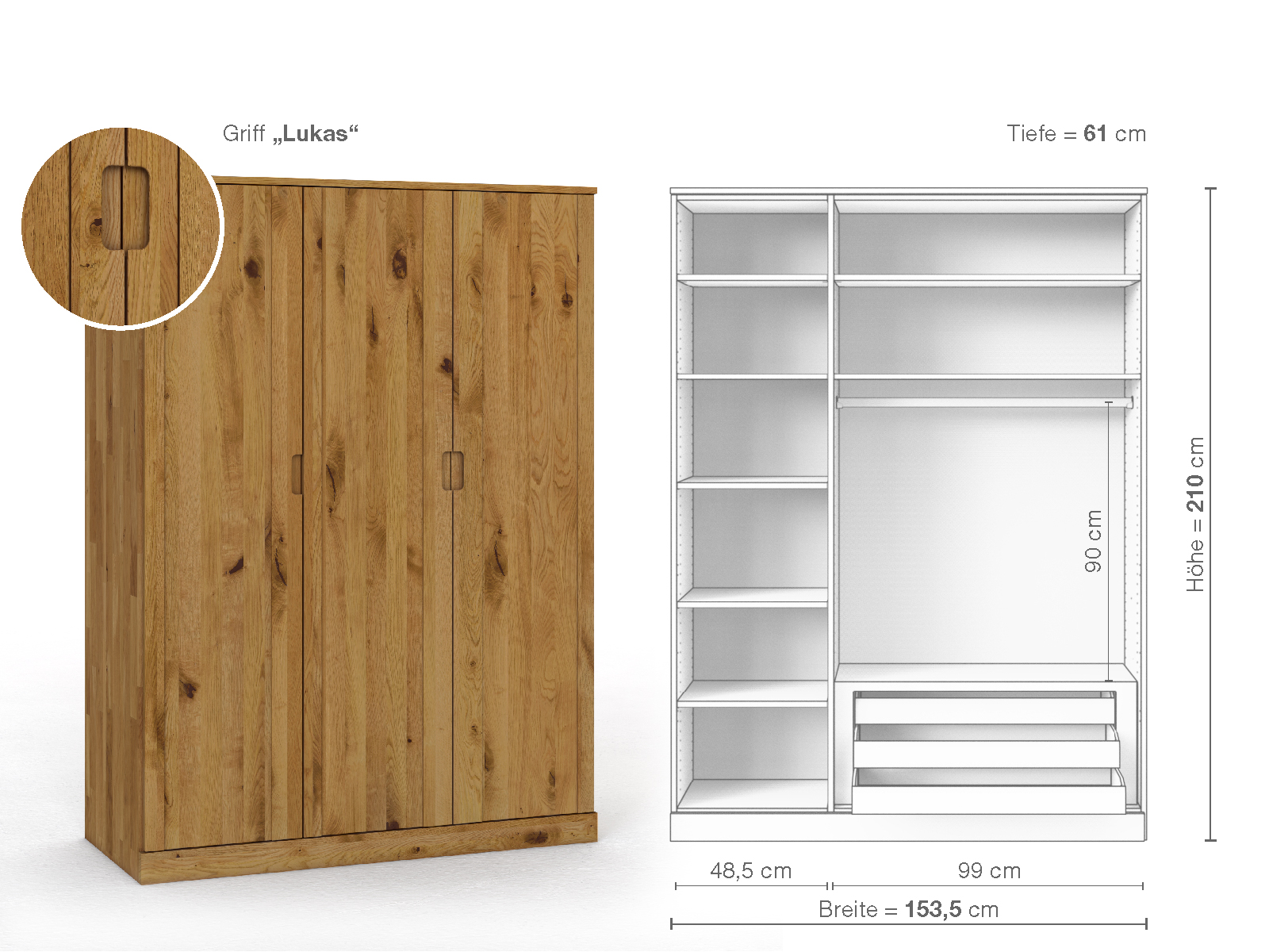 Wildeichenschrank „Arnika“, 3-türig, Höhe 210 cm, Griffausführung „Lukas“, Inneneinrichtung C