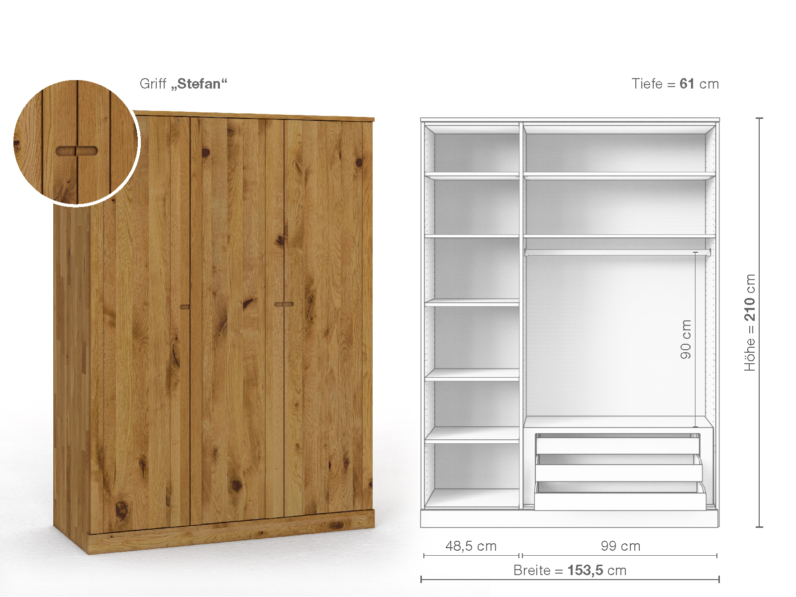 Wildeichenschrank „Arnika“, 3-türig, Höhe 210 cm, Griffausführung „Stefan“, Inneneinrichtung C