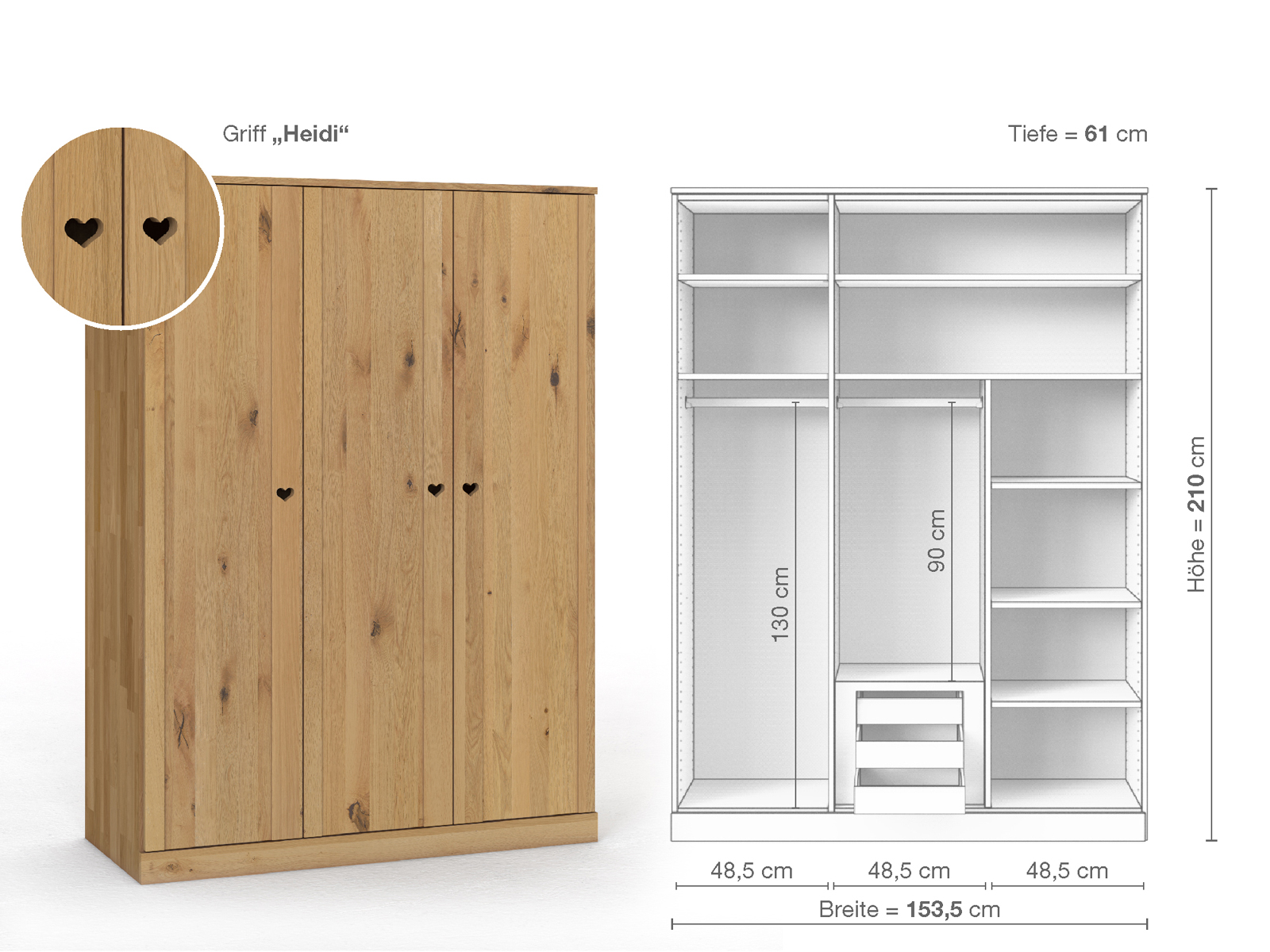 Wildeichenschrank Hell „Arnika“, 3-türig, Höhe 210 cm, Griffausführung „Heidi“, Inneneinrichtung D