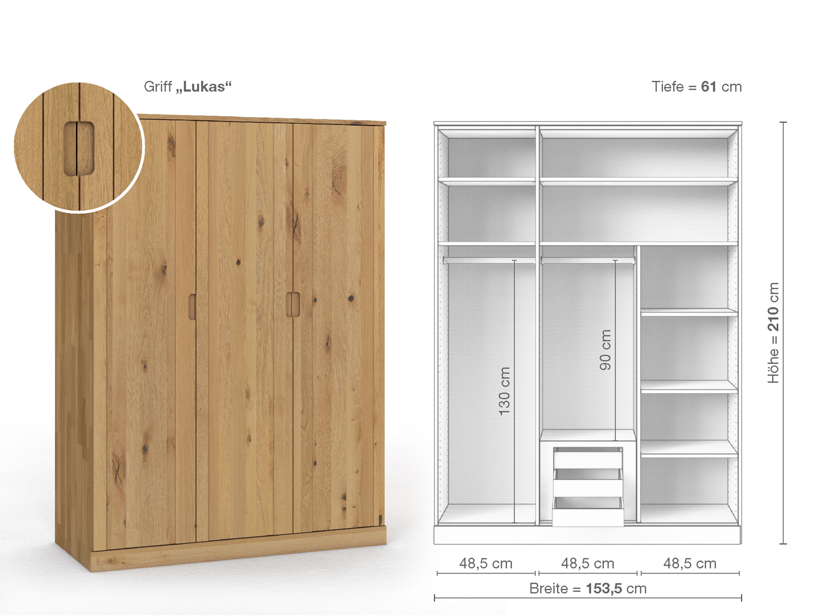 Wildeichenschrank Hell „Arnika“, 3-türig, Höhe 210 cm, Griffausführung „Lukas“, Inneneinrichtung D