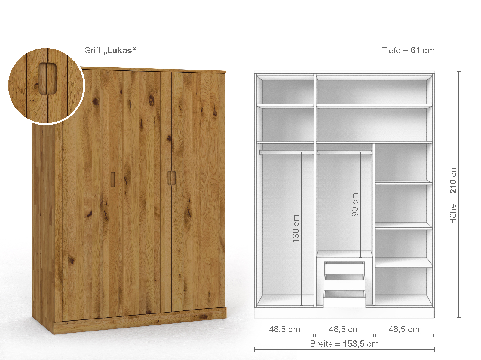 Wildeichenschrank „Arnika“, 3-türig, Höhe 210 cm, Griffausführung „Lukas“, Inneneinrichtung D