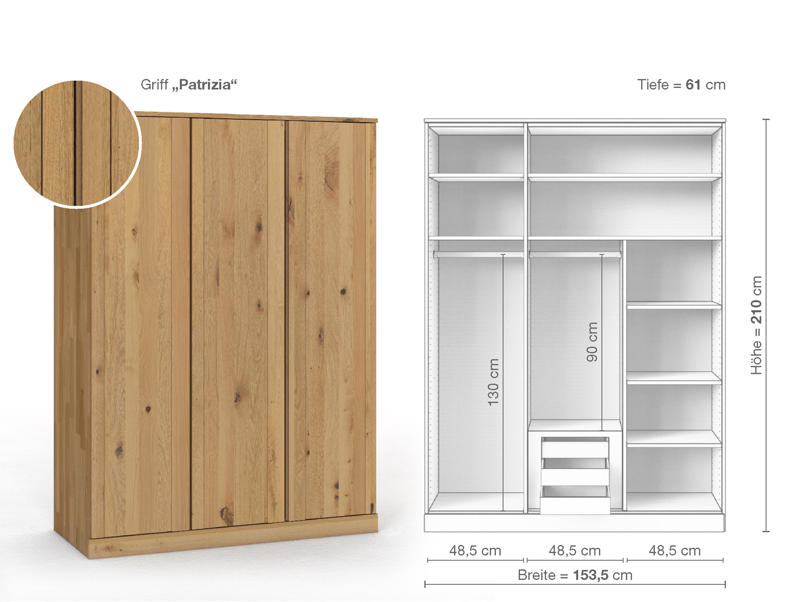 Wildeichenschrank Hell „Arnika“, 3-türig, Höhe 210 cm, Griffausführung „Patrizia“, Inneneinrichtung D