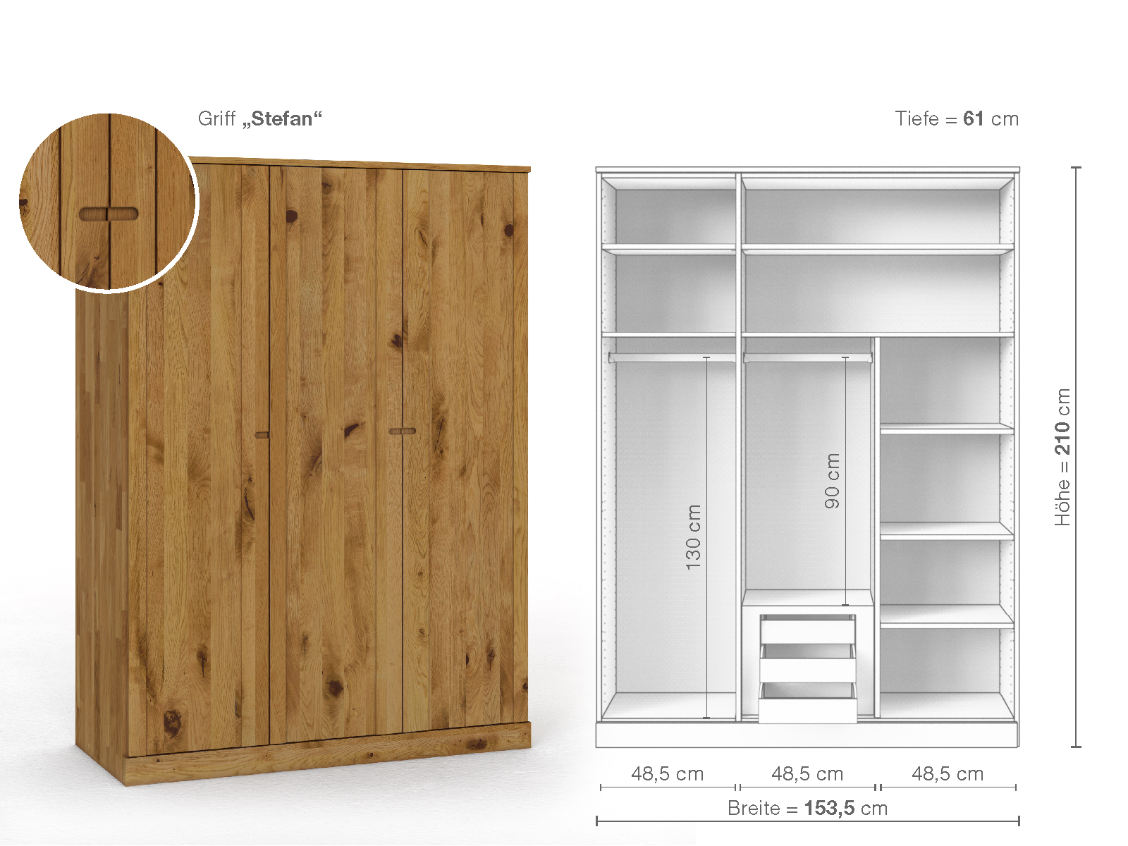 Wildeichenschrank „Arnika“, 3-türig, Höhe 210 cm, Griffausführung „Stefan“, Inneneinrichtung D