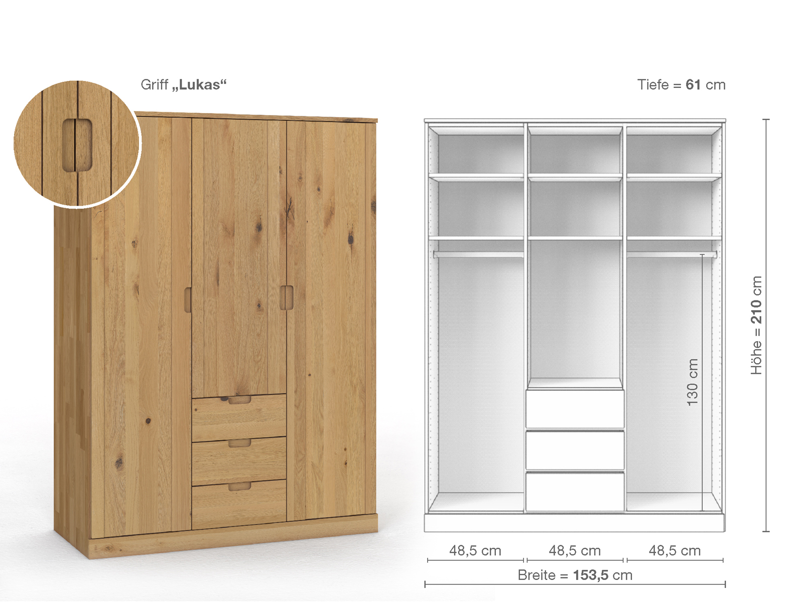 Wildeichenschrank Hell „Arnika“, 3-türig, Höhe 210 cm, Griffausführung „Lukas“, Inneneinrichtung E