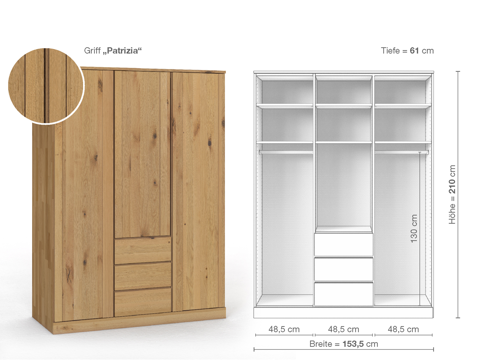 Wildeichenschrank Hell „Arnika“, 3-türig, Höhe 210 cm, Griffausführung „Patrizia“, Inneneinrichtung E