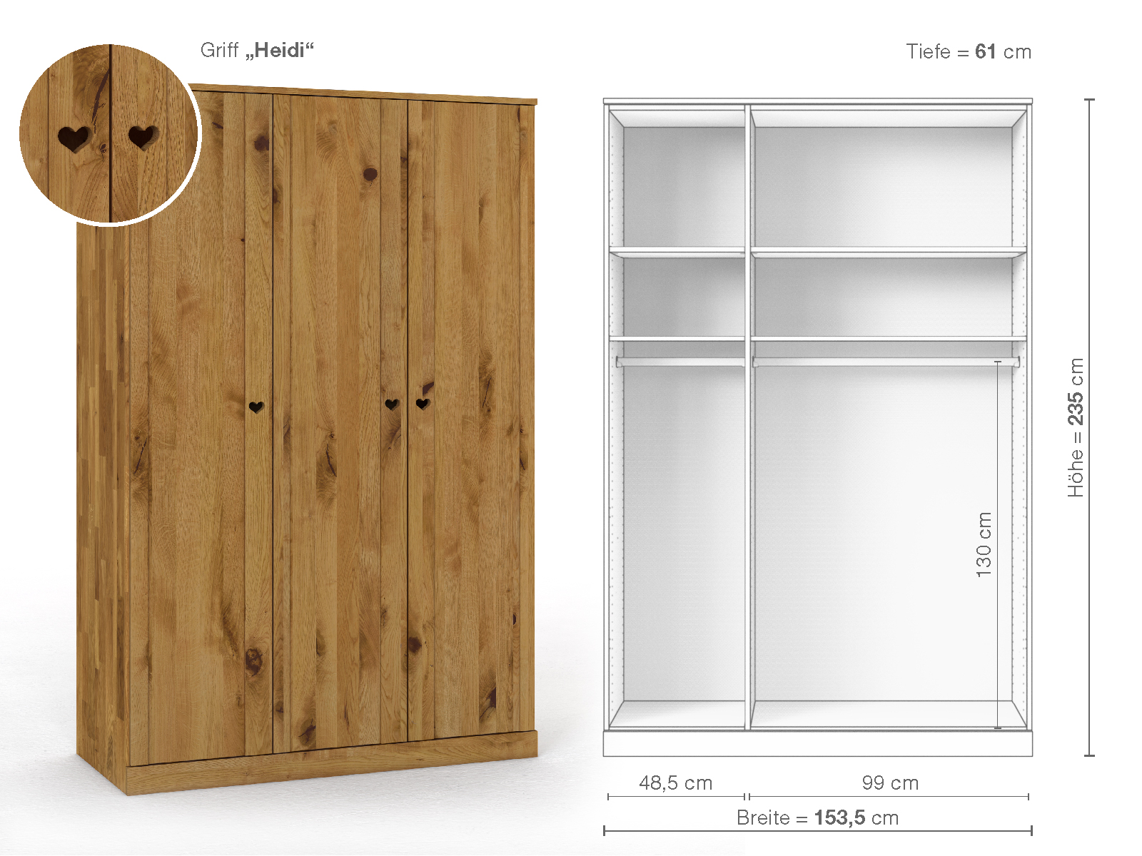 Wildeichenschrank „Arnika“, 3-türig, Höhe 235 cm, Griffausführung „Heidi“, Inneneinrichtung A