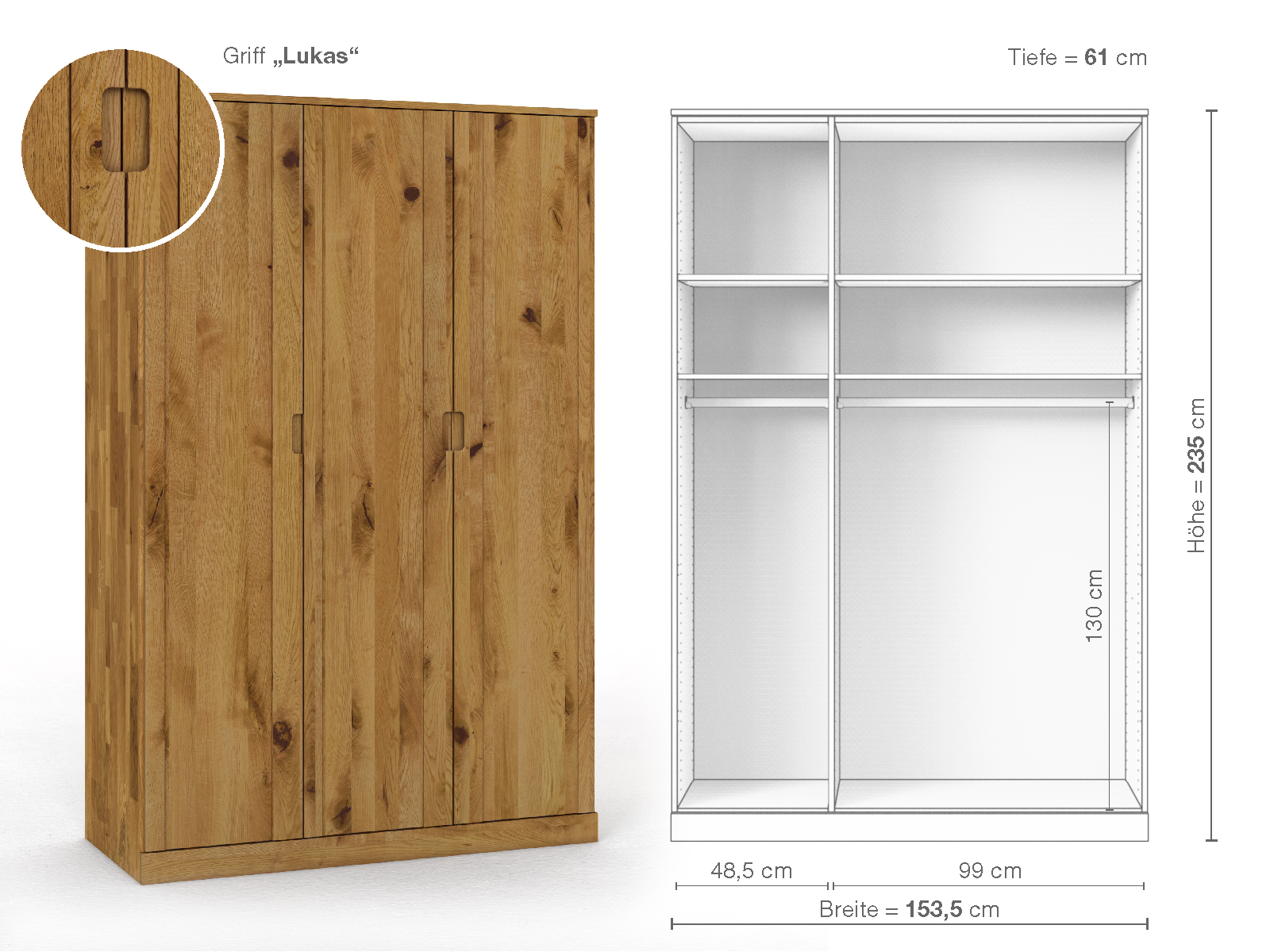 Wildeichenschrank „Arnika“, 3-türig, Höhe 235 cm, Griffausführung „Lukas“, Inneneinrichtung A