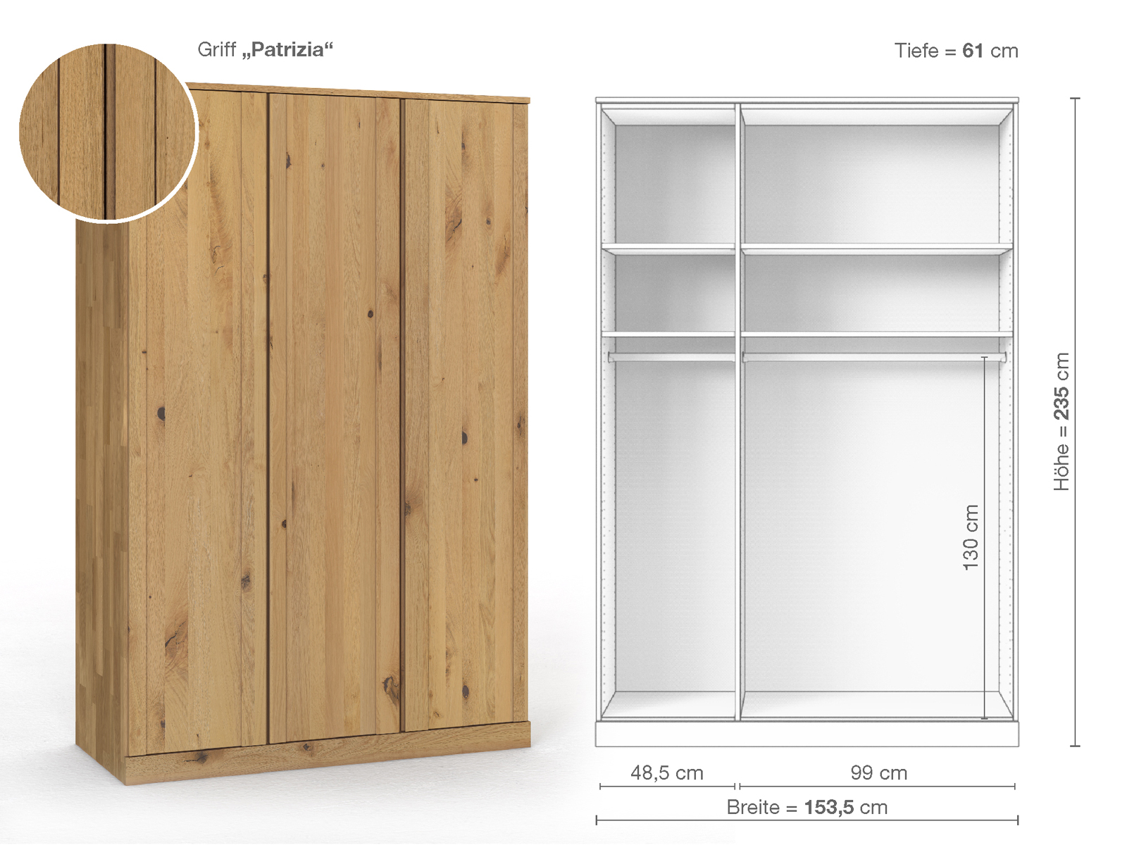 Wildeichenschrank Hell „Arnika“, 3-türig, Höhe 235 cm, Griffausführung „Patrizia“, Inneneinrichtung A