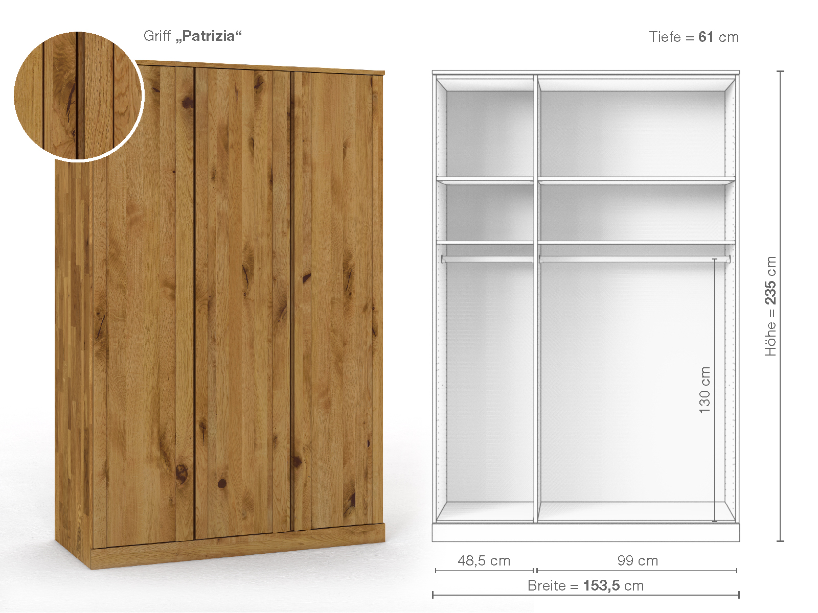 Wildeichenschrank „Arnika“, 3-türig, Höhe 235 cm, Griffausführung „Patrizia“, Inneneinrichtung A