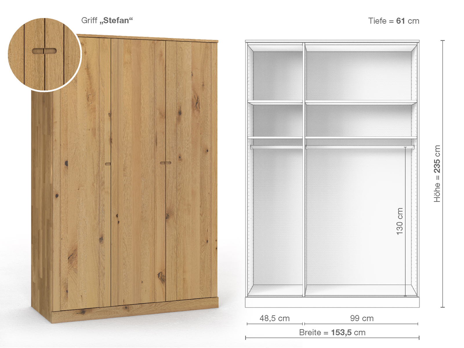 Wildeichenschrank Hell „Arnika“, 3-türig, Höhe 235 cm, Griffausführung „Stefan“, Inneneinrichtung A