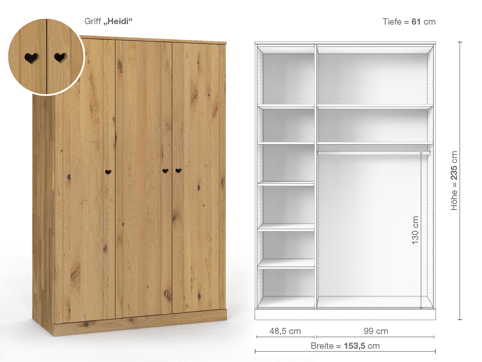 Wildeichenschrank Hell „Arnika“, 3-türig, Höhe 235 cm, Griffausführung „Heidi“, Inneneinrichtung B